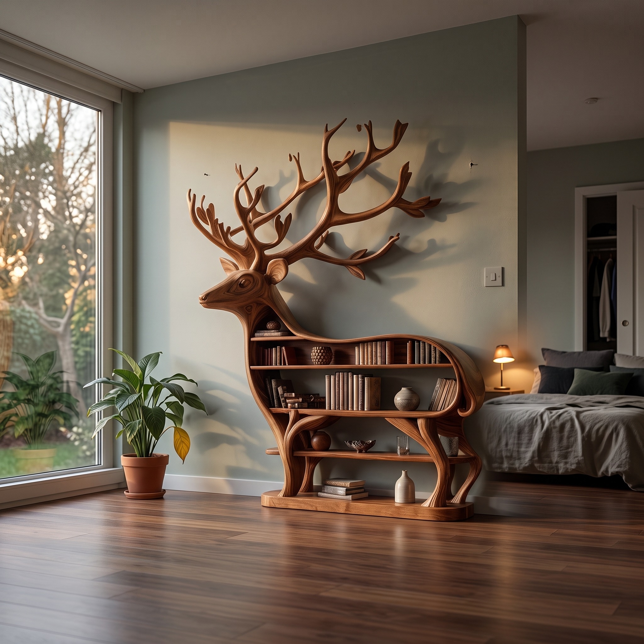 Rustic Wooden Deer Console Bookshelf Living Room