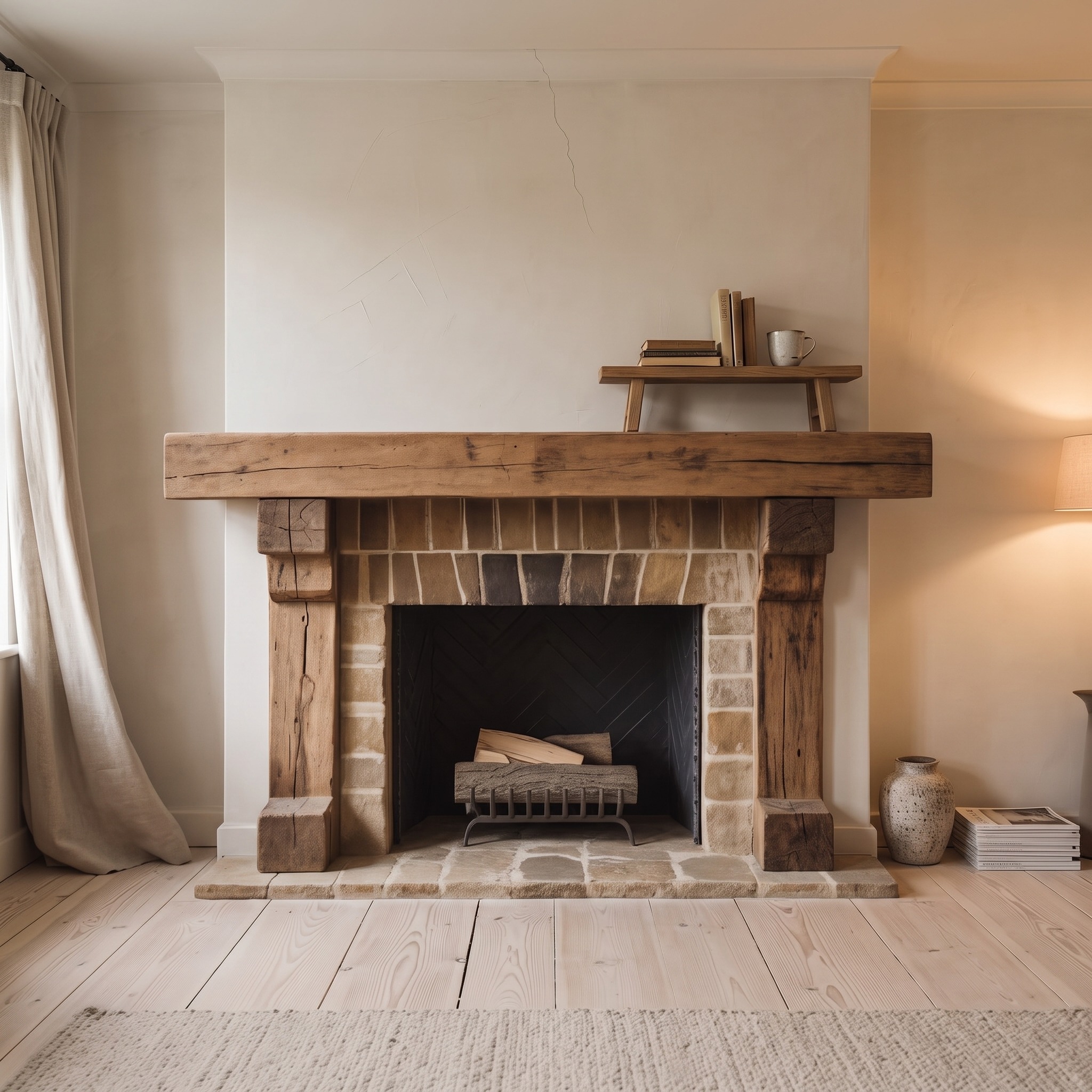 Rustic Wooden Fireplace Mantel with Solid Beam Design for Living Room