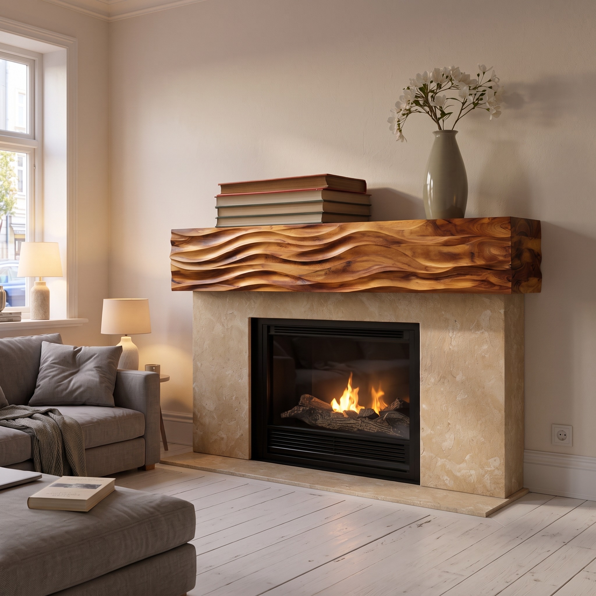 Rustic Wooden Fireplace Shelf with Wave Carved for Living Room