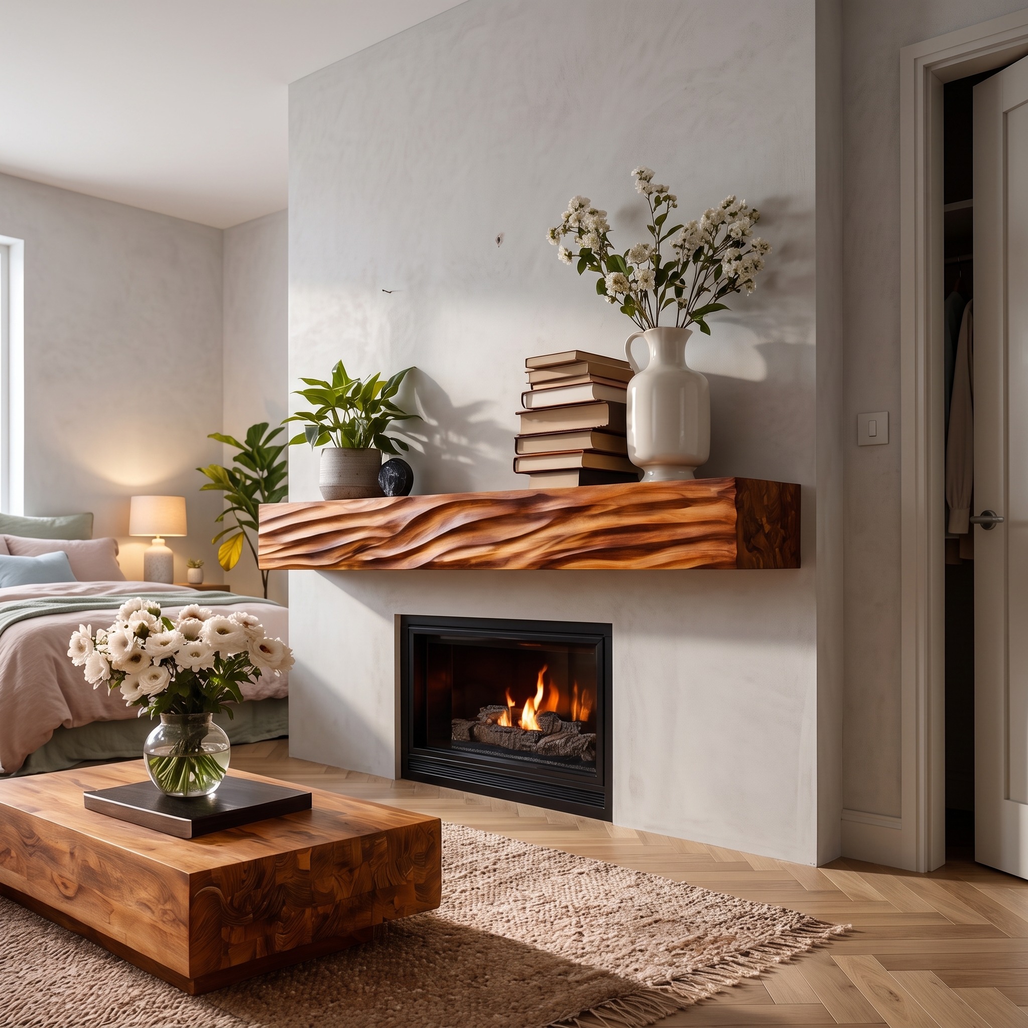 Rustic Wooden Floating Fireplace Shelf for Living Room Interior