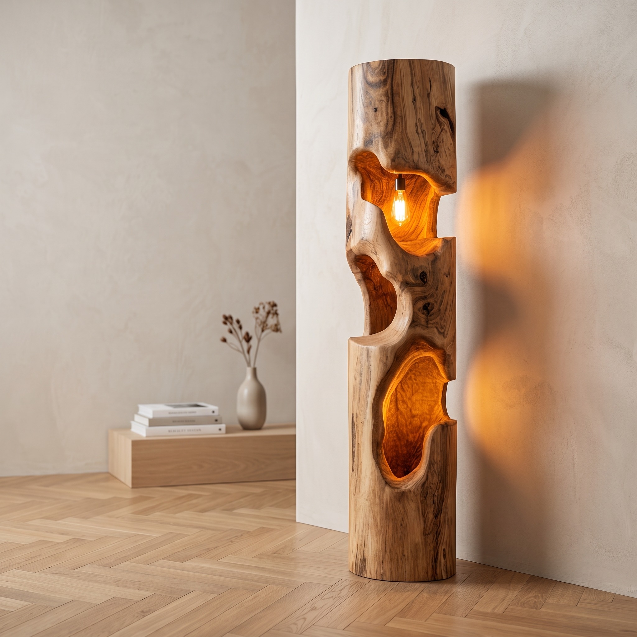 Rustic Wooden Floor Lamp with Sculptural Hollow for Cozy Bedroom