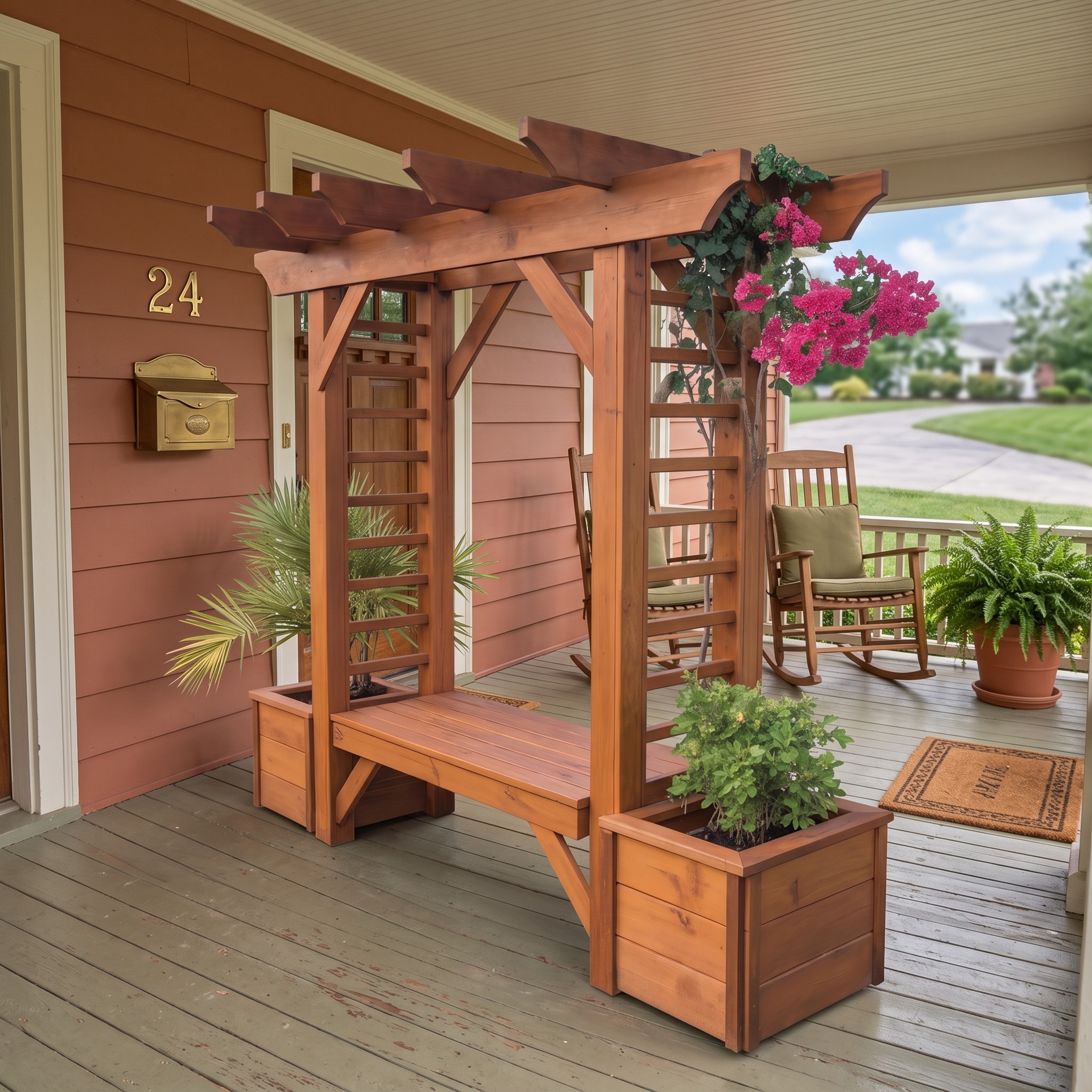 Rustic Wooden Pergola Bench with Planters for Patio or Garden