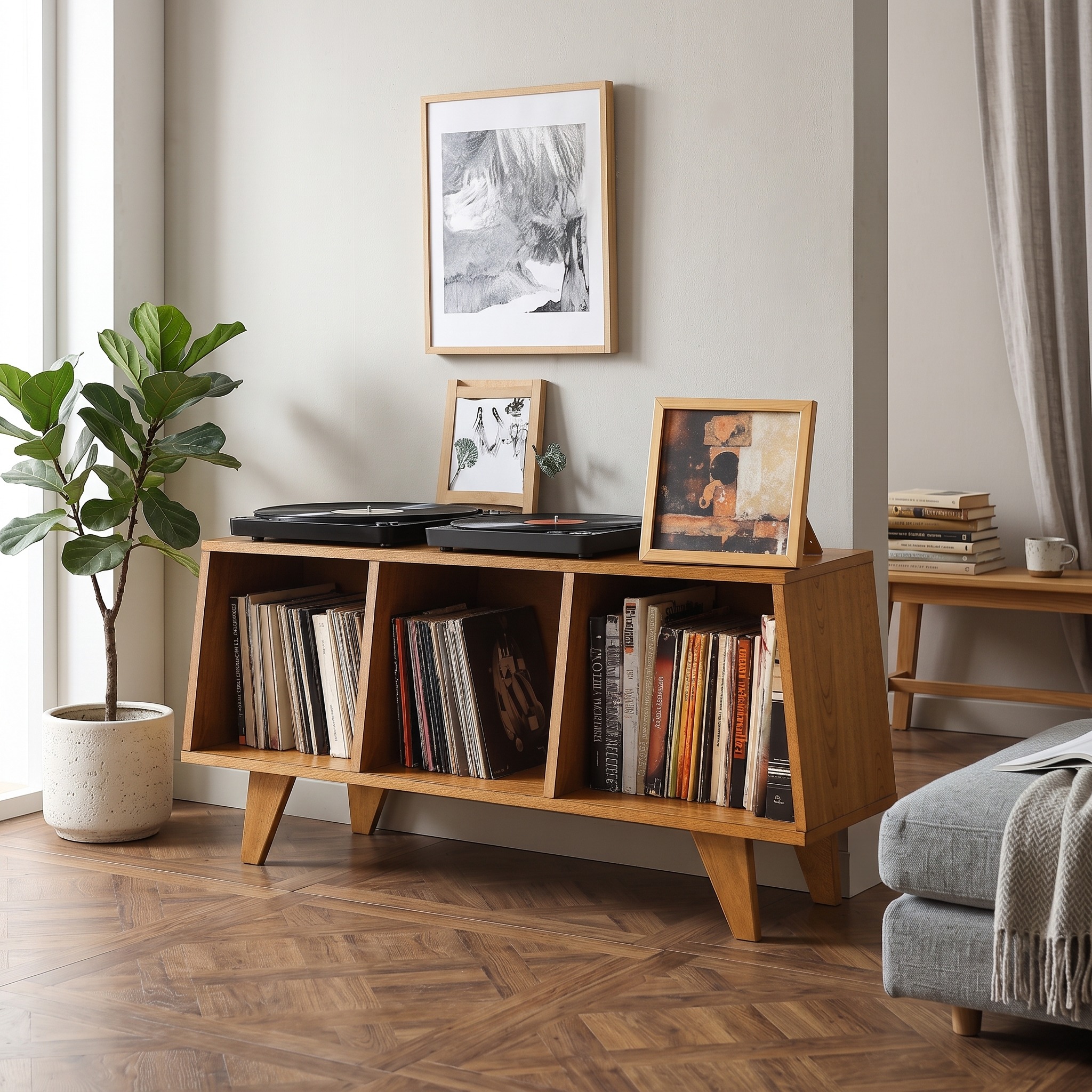 Rustic Wooden Record Player Table for Living Room Furniture