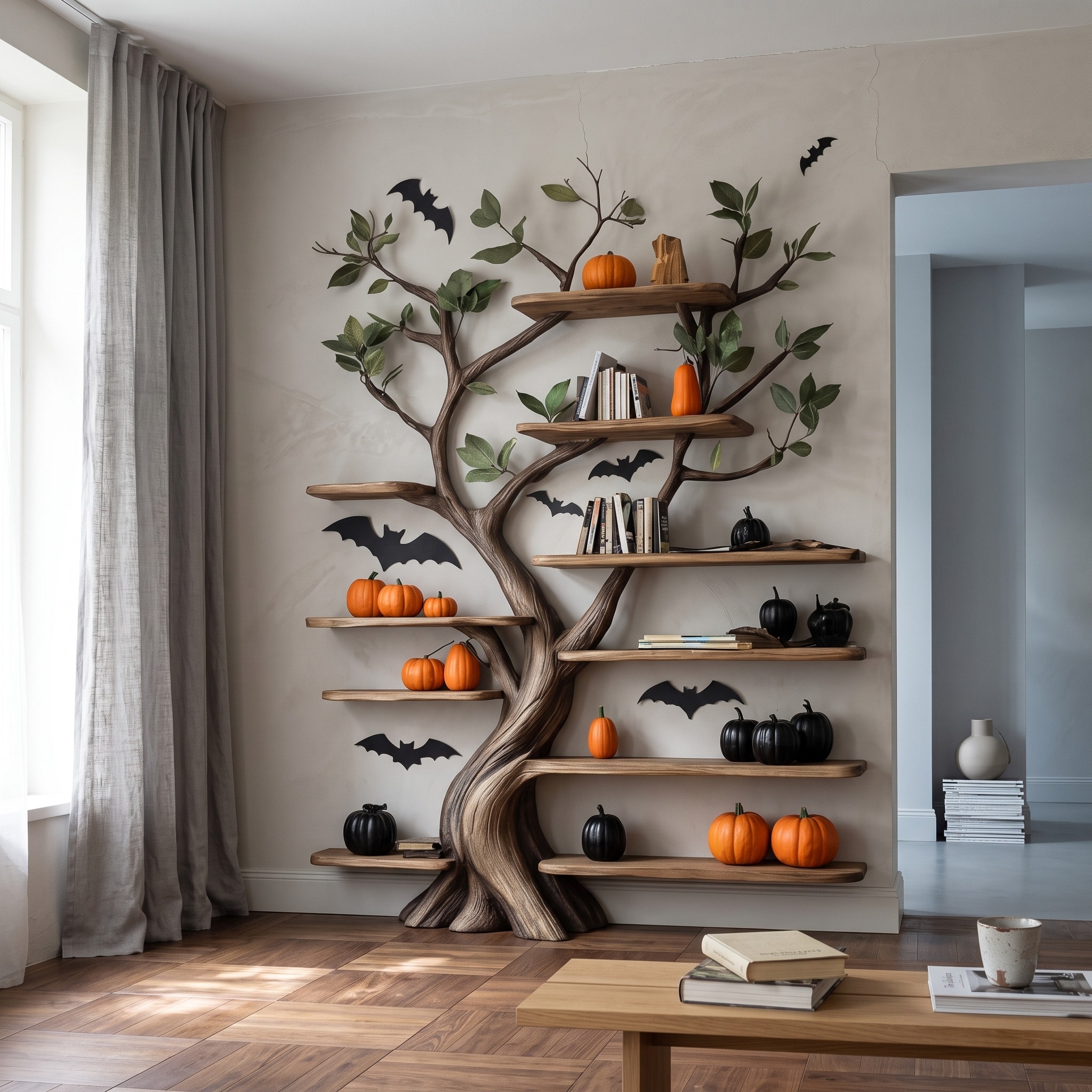 Rustic Wooden Tree Bookshelf Home Office Halloween Decor