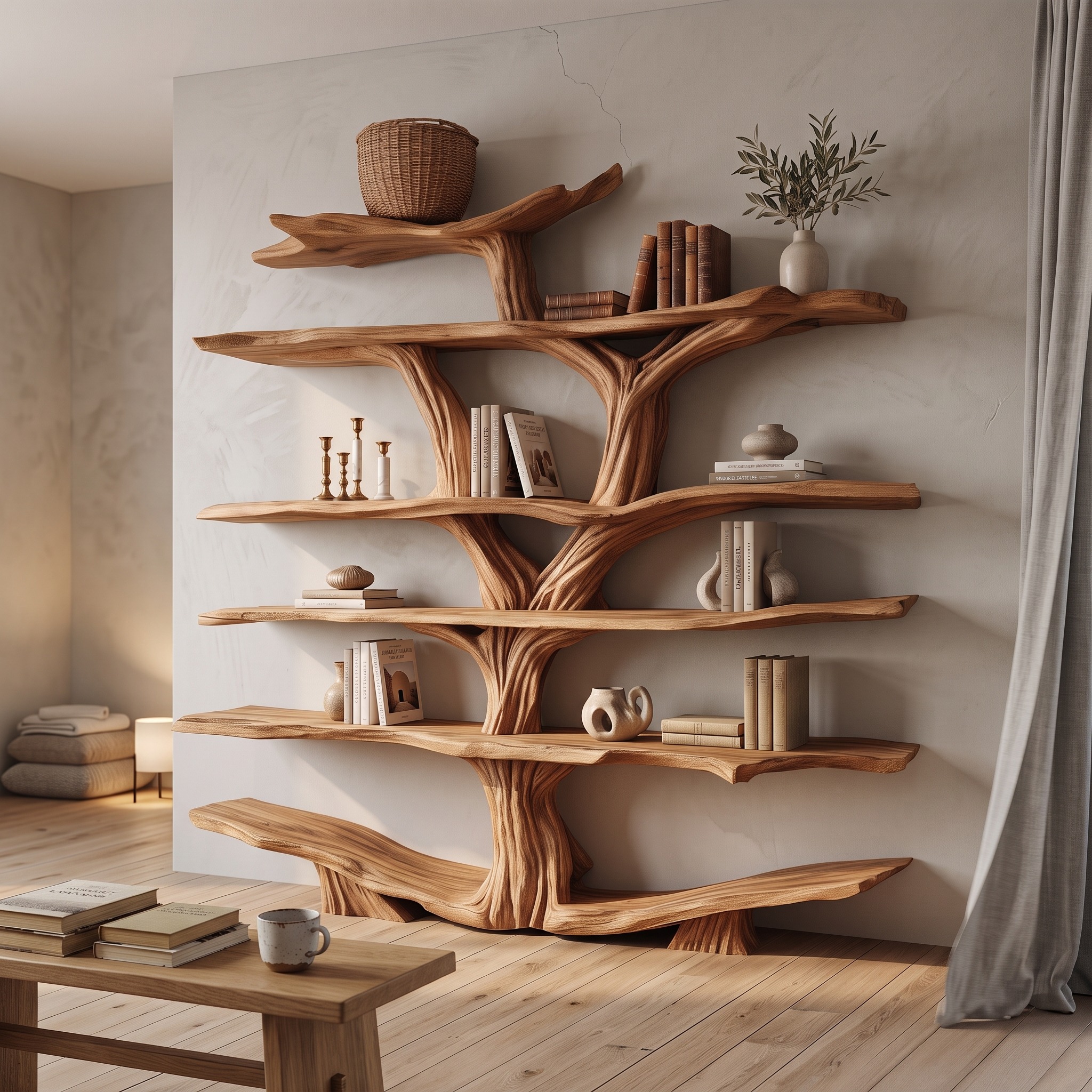 Rustic Wooden Tree Shelf – Perfect Book Storage & Nature-Inspired Decor