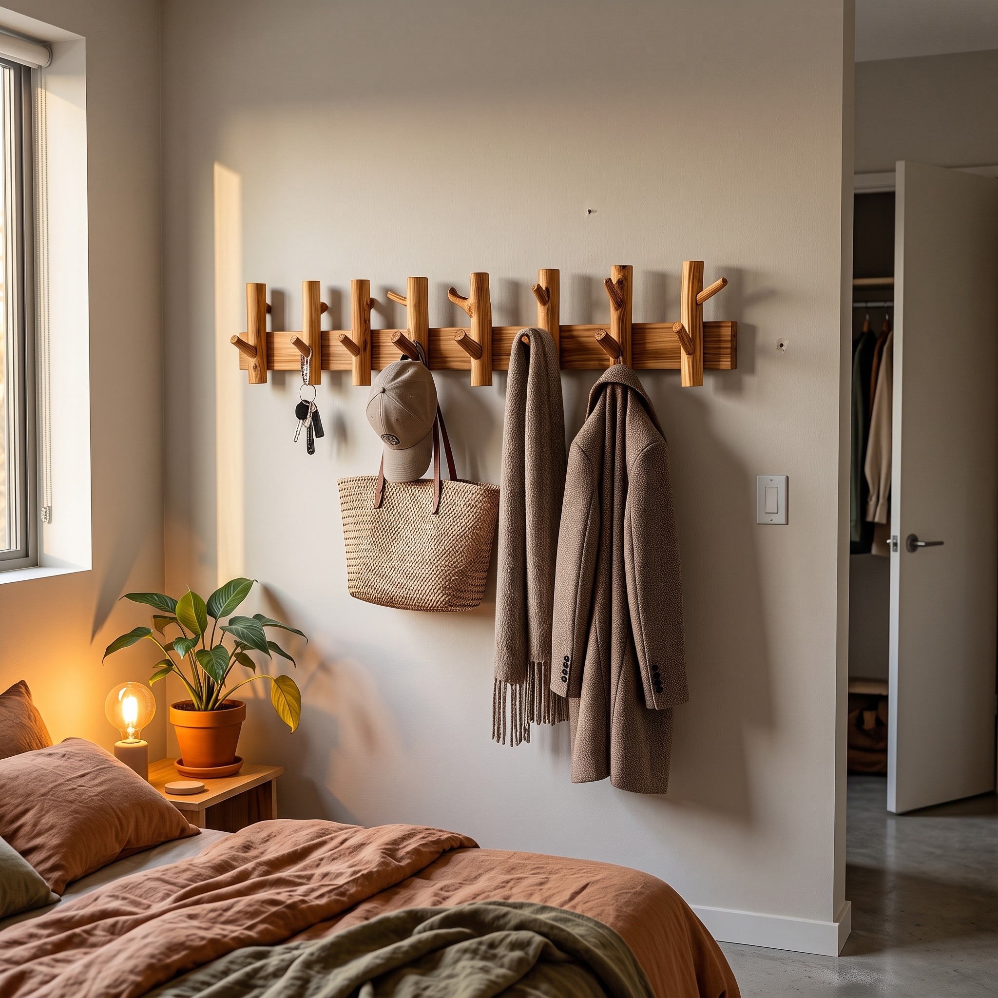 Rustic Wooden Wall Mounted Coat Rack Hook Organizer for Entryway Hallway