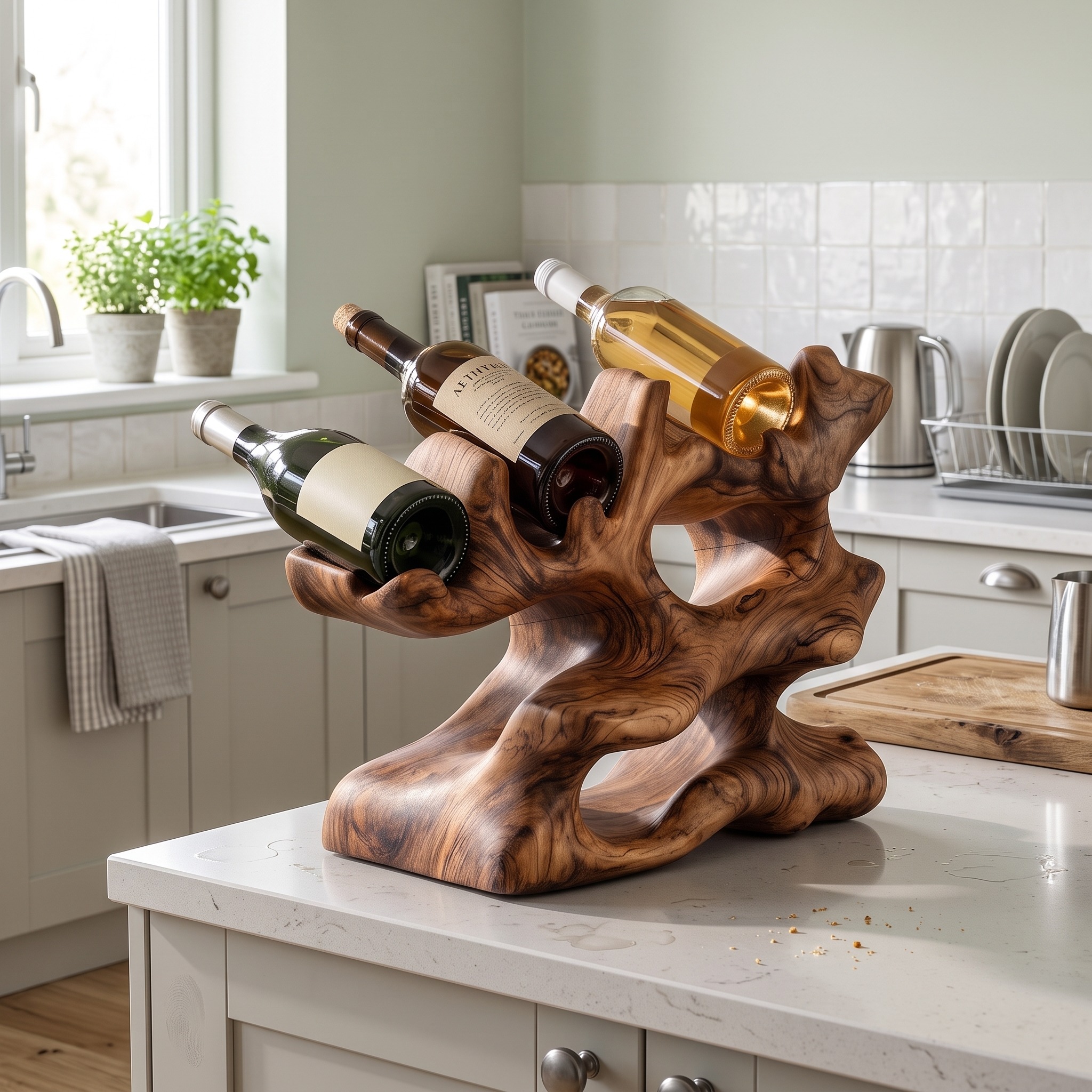 Rustic Wooden Wine Rack, Handcrafted Solid Wood Countertop Bottle Holder, Tabletop Wine Storage Display Shelf for Kitchen Island