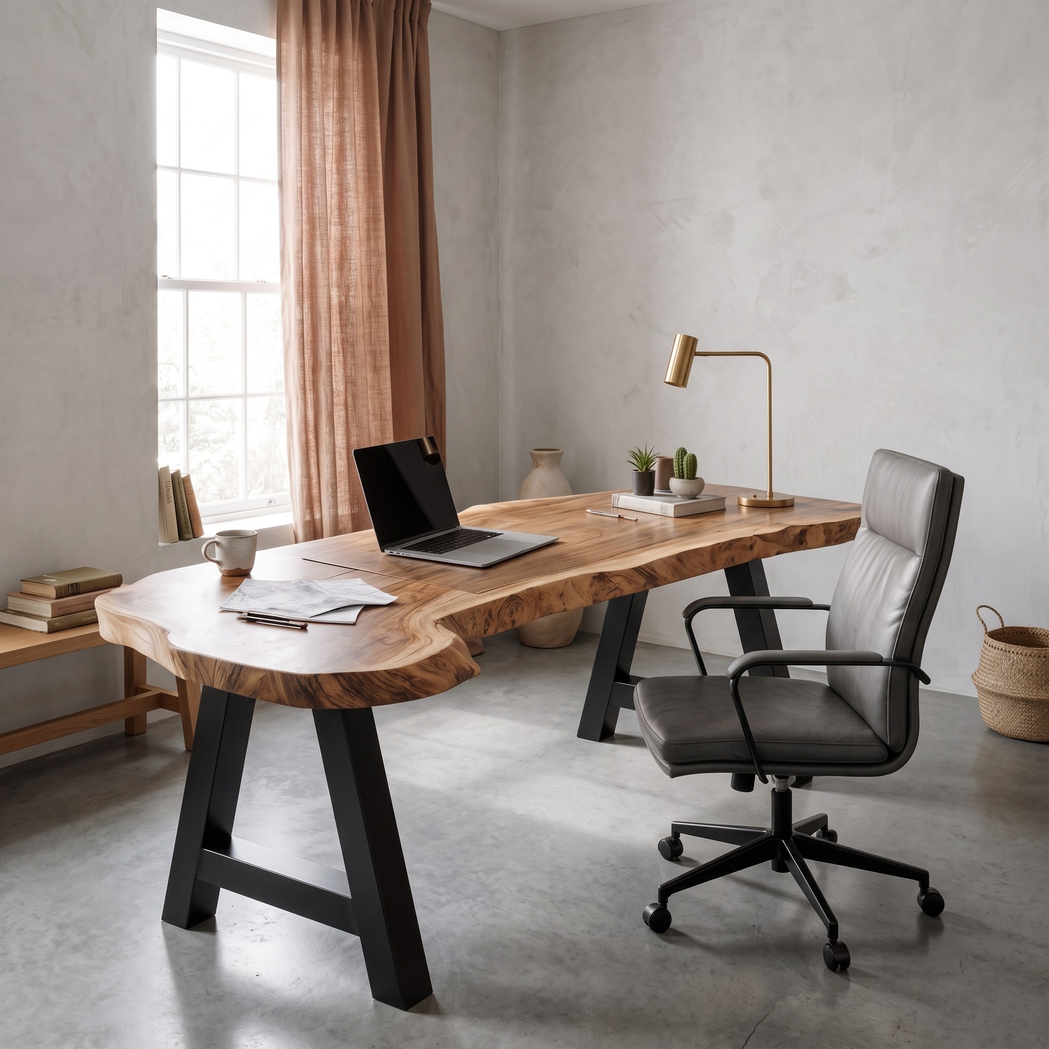 Rustic Writing Desk with Live Edge Wood Top and Metal Legs for Home Office