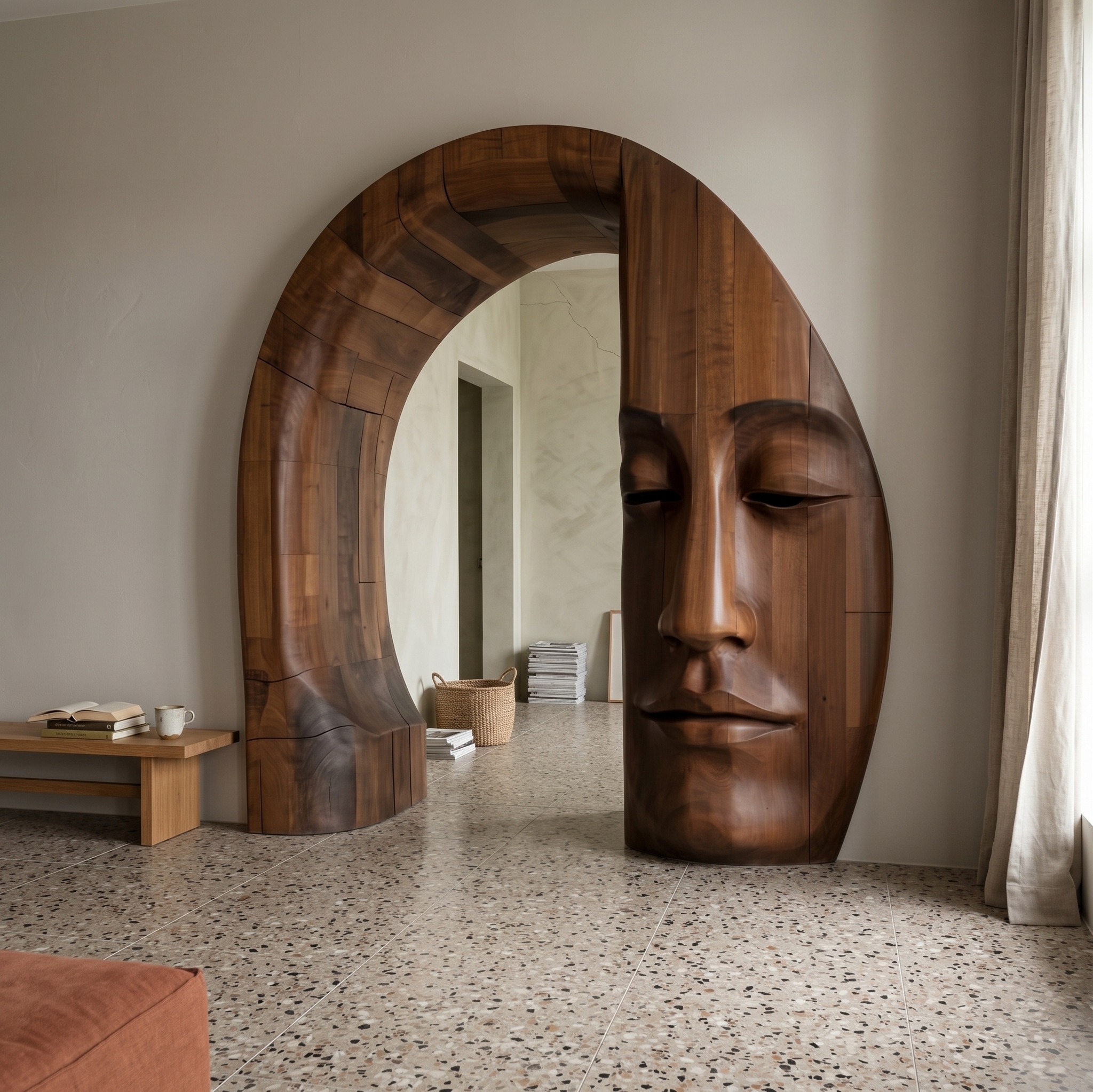 Rustic Zen Face Archway Sculpture As Entry Accent and Rustic Modern Wooden Archway for Home Decor