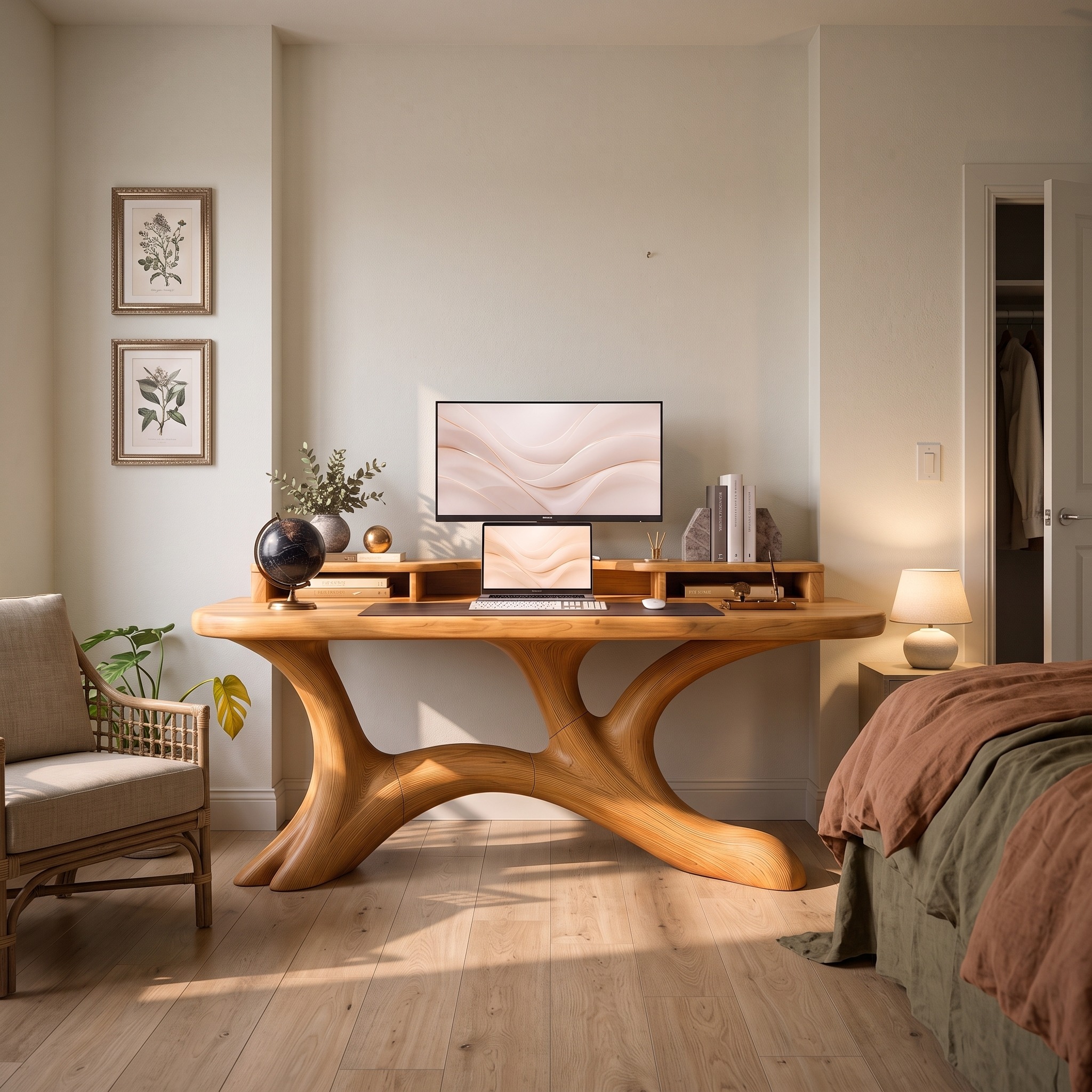 Scandinavian Corner Desk with Raised Monitor Stand for Home Office