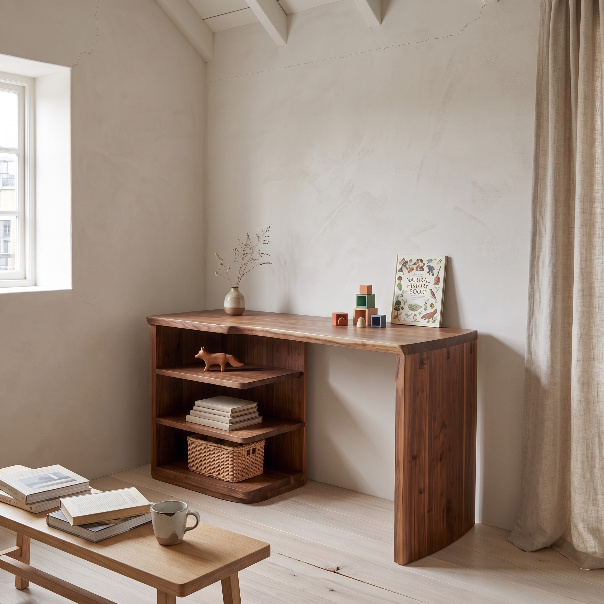 Scandinavian Desk with Built in Storage Shelves for Home Office and Workspace