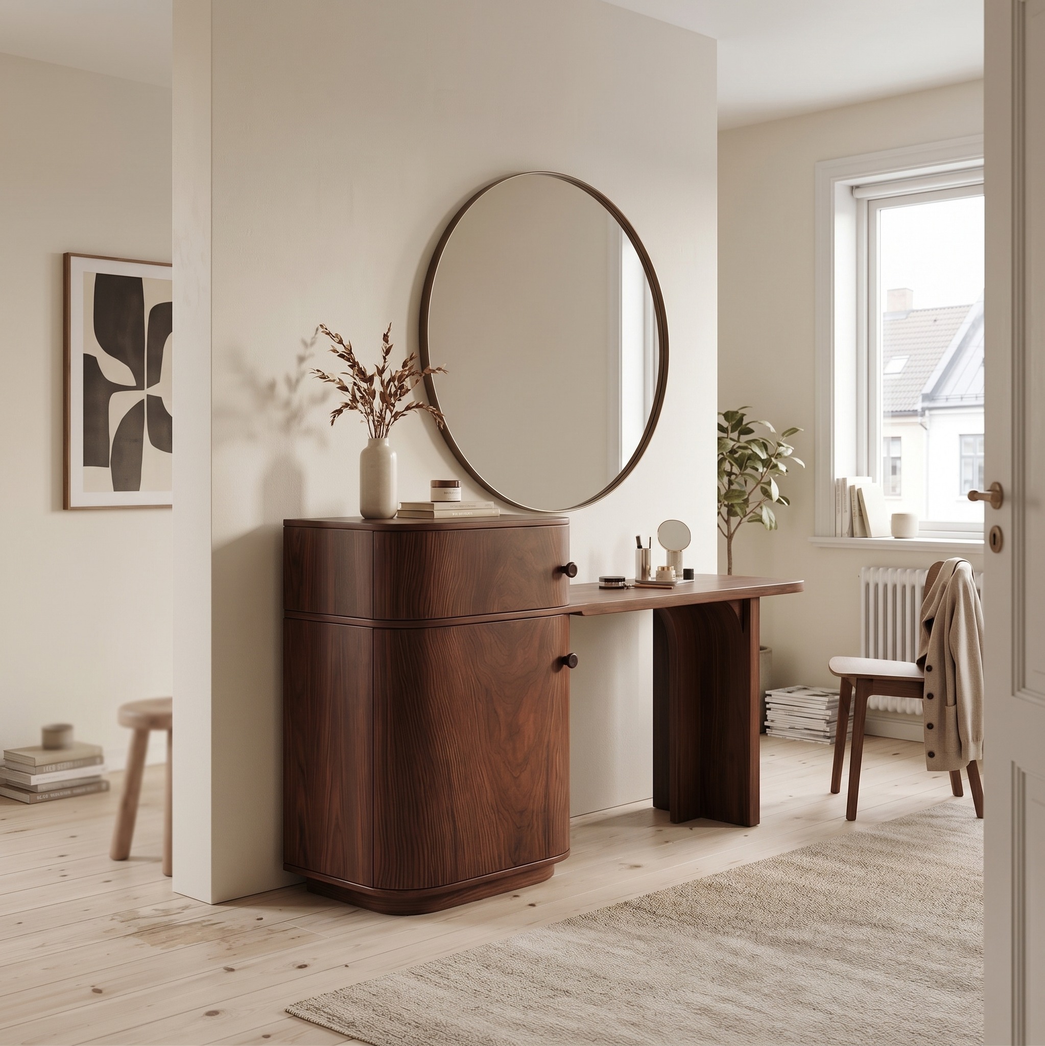Scandinavian Dressing Table with Storage Cabinet Warm Minimalist Rounded Design for Bedroom