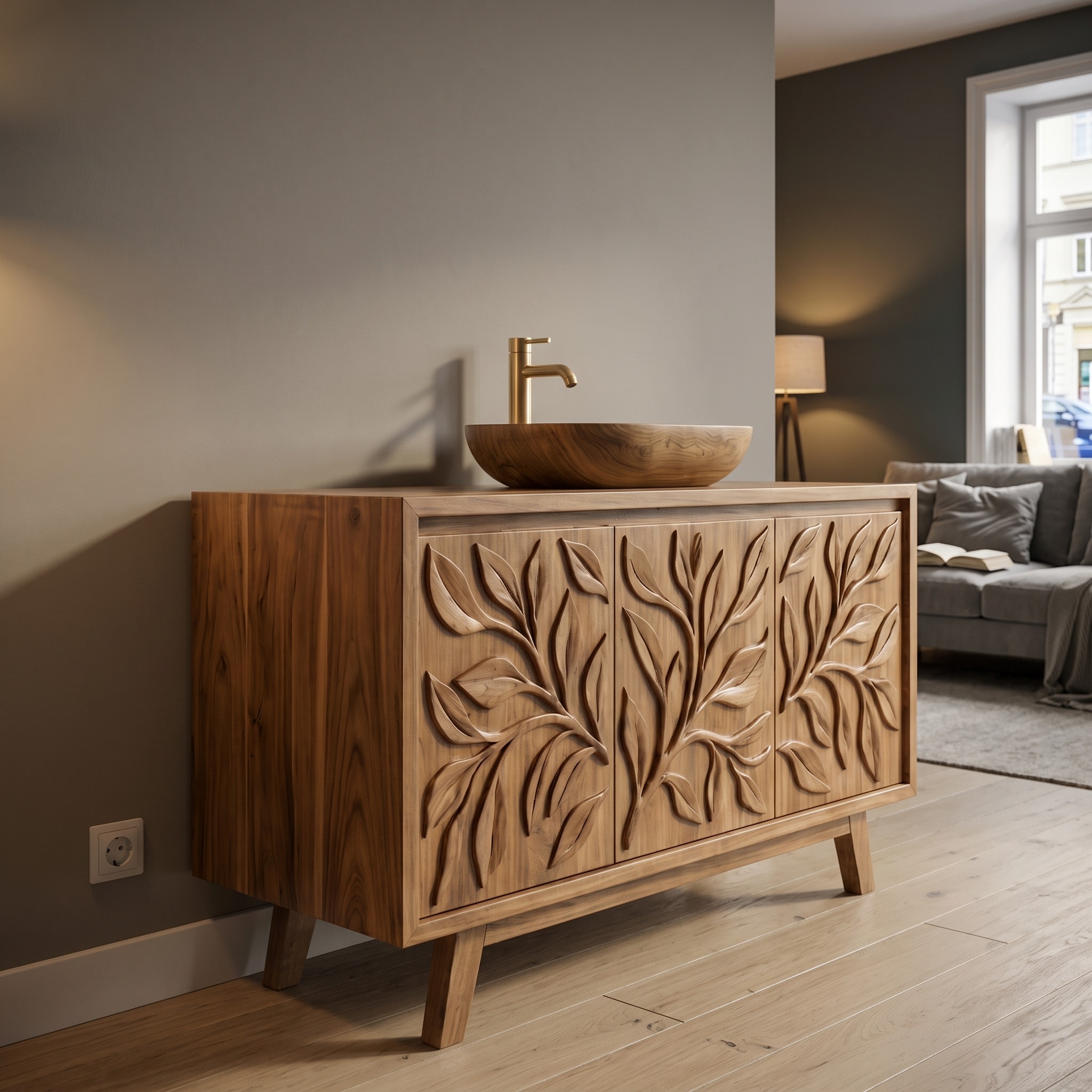 Scandinavian Leaf Carved Solid Wood Bathroom Vanity Minimal Storage Cabinet