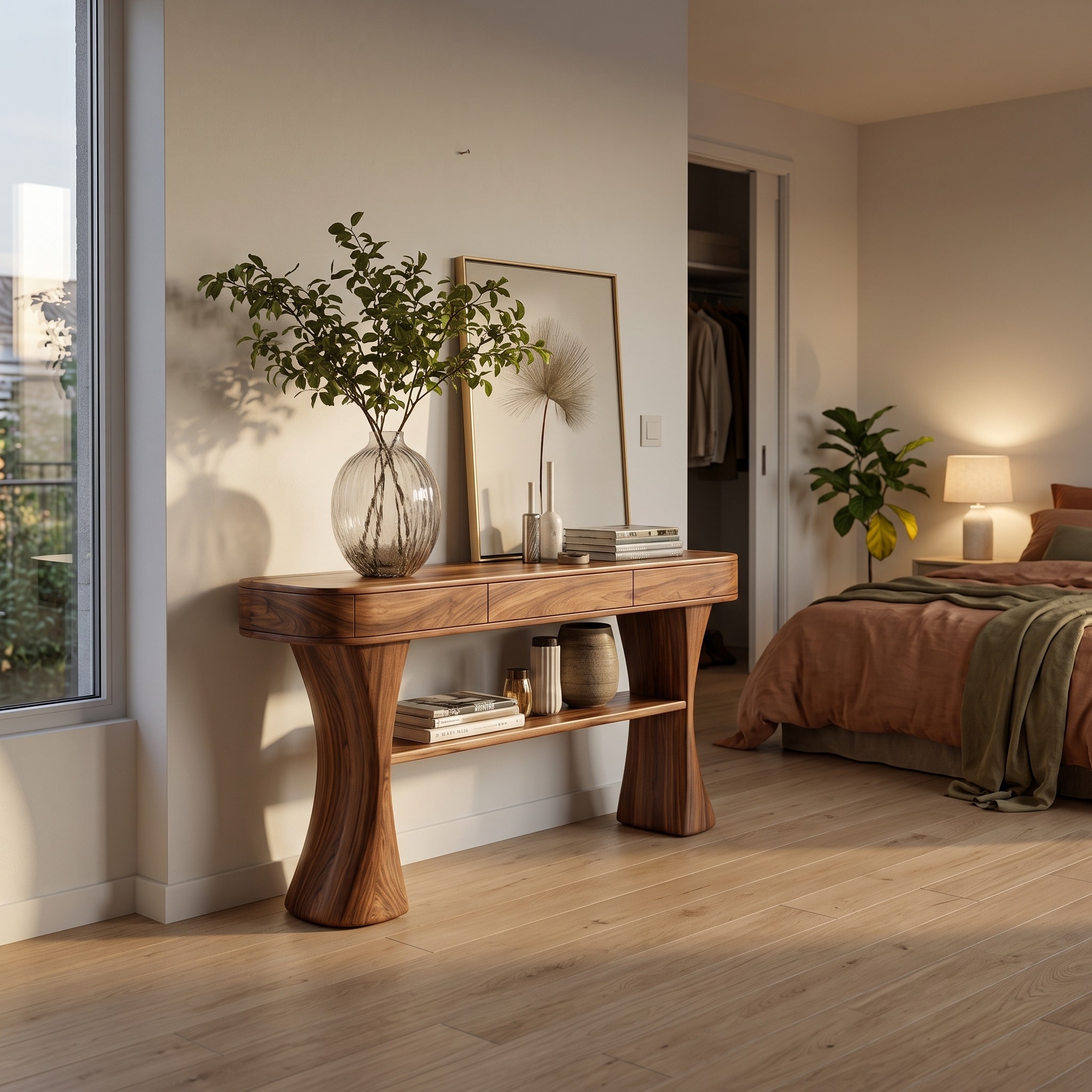 Scandinavian Sculptural Wood Console Table for Entryway