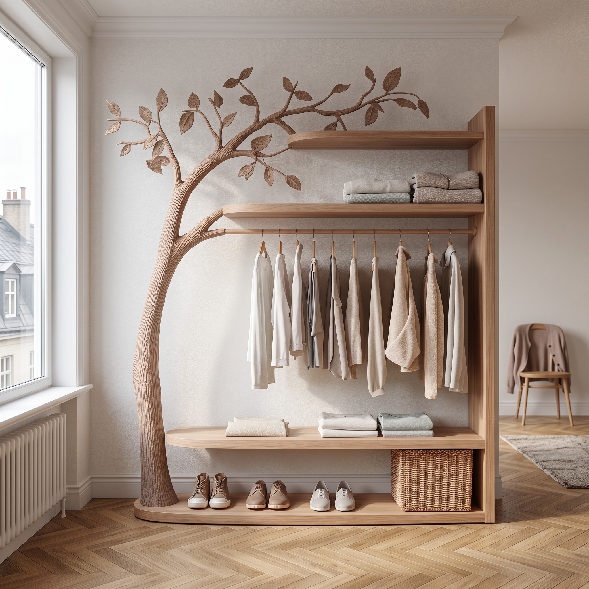 Scandinavian Solid Wood Tree Wardrobe Organizer Natural Living Room