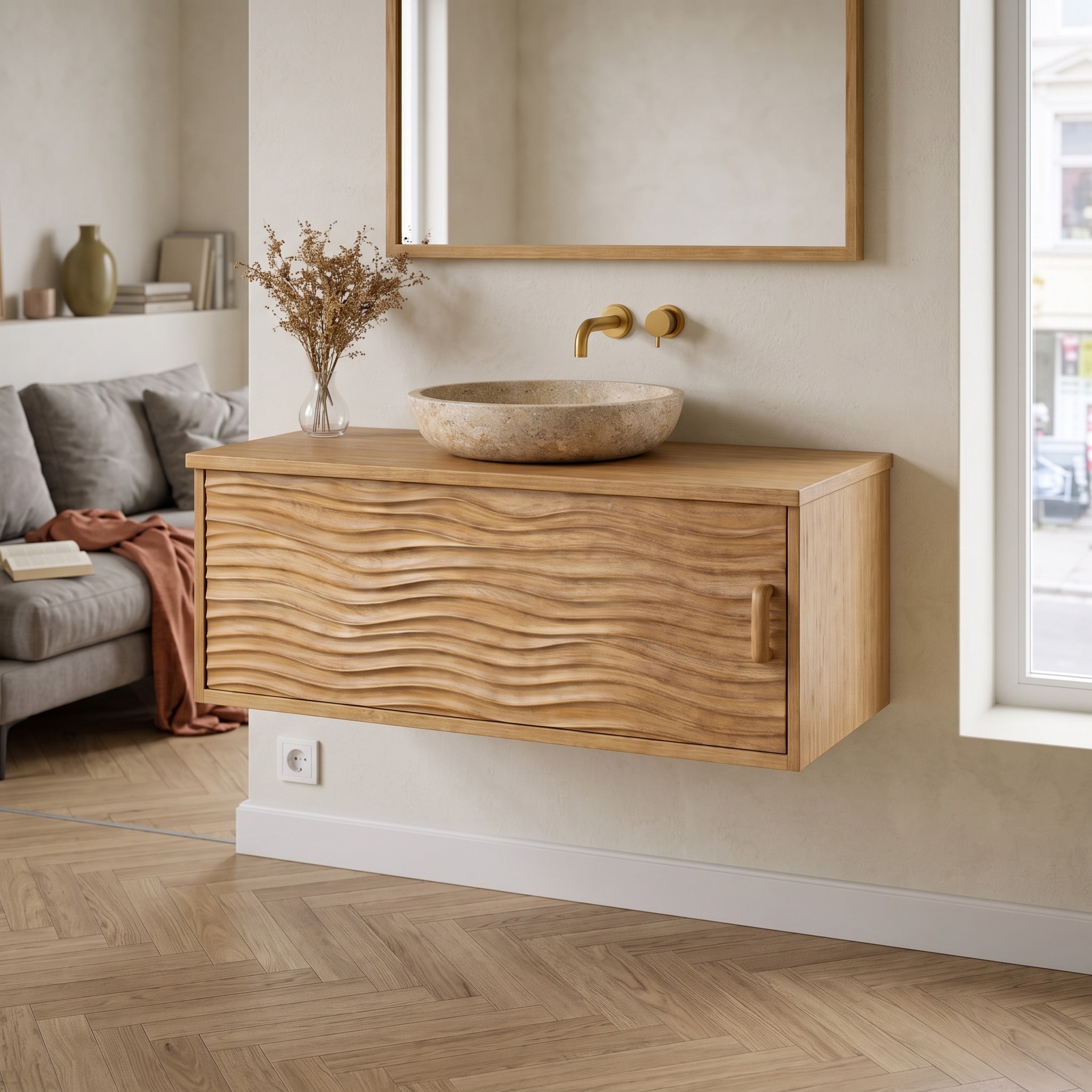 Scandinavian Style Bathroom Vanity Wall Mounted Wood Cabinet Storage