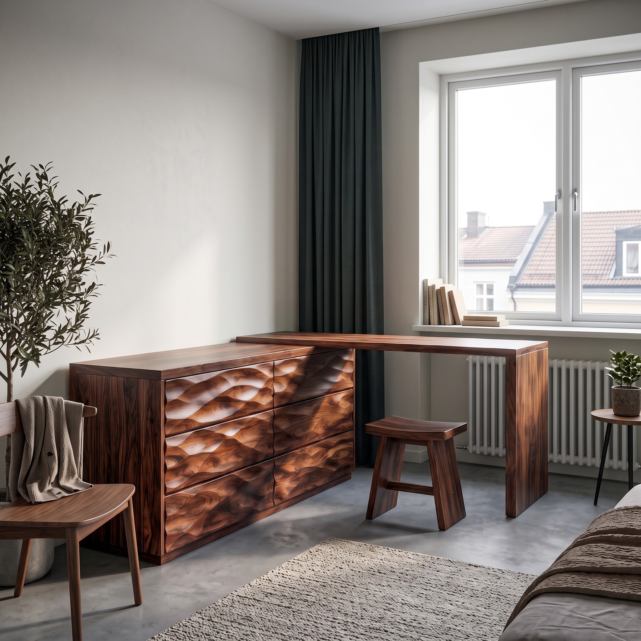 Scandinavian Wooden Dresser with L Shaped Desk Extension for Bedroom