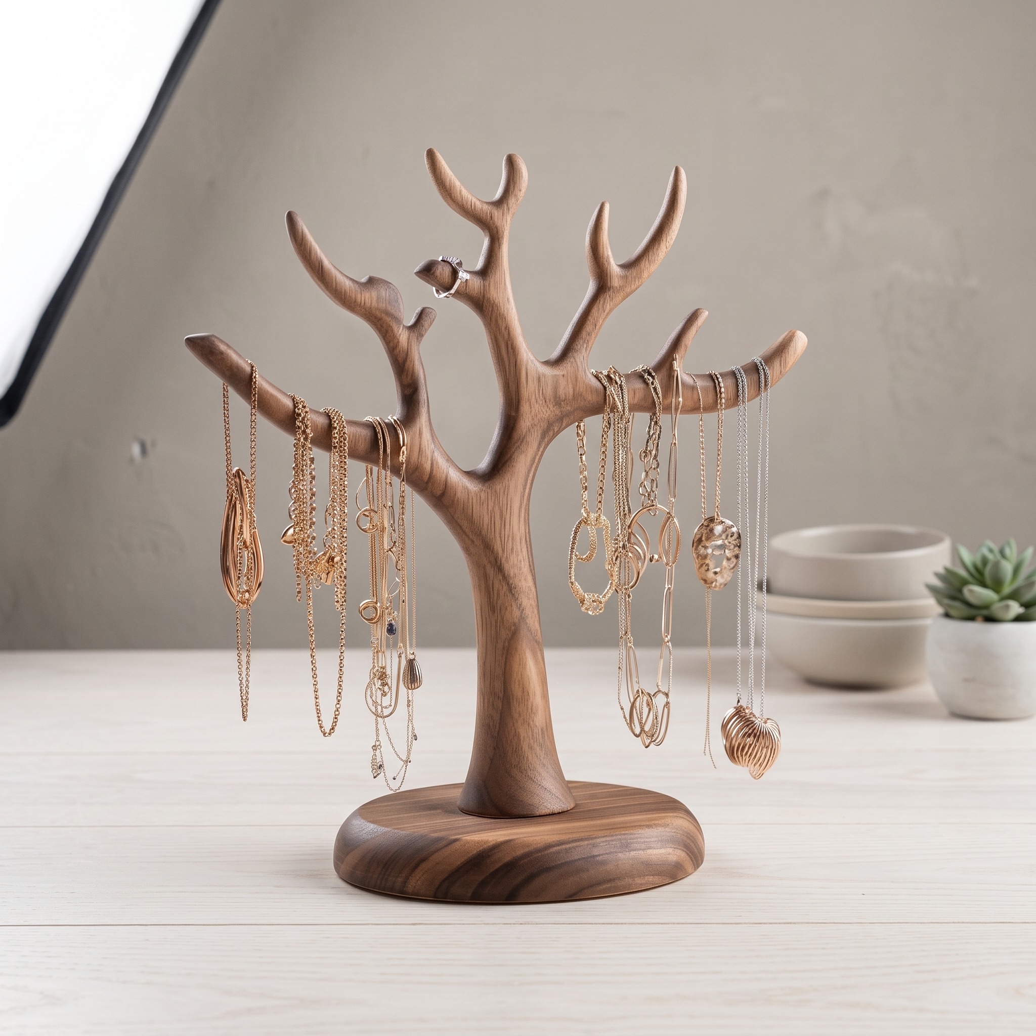Scandinavian Wooden Jewelry Tree Display Natural Finish