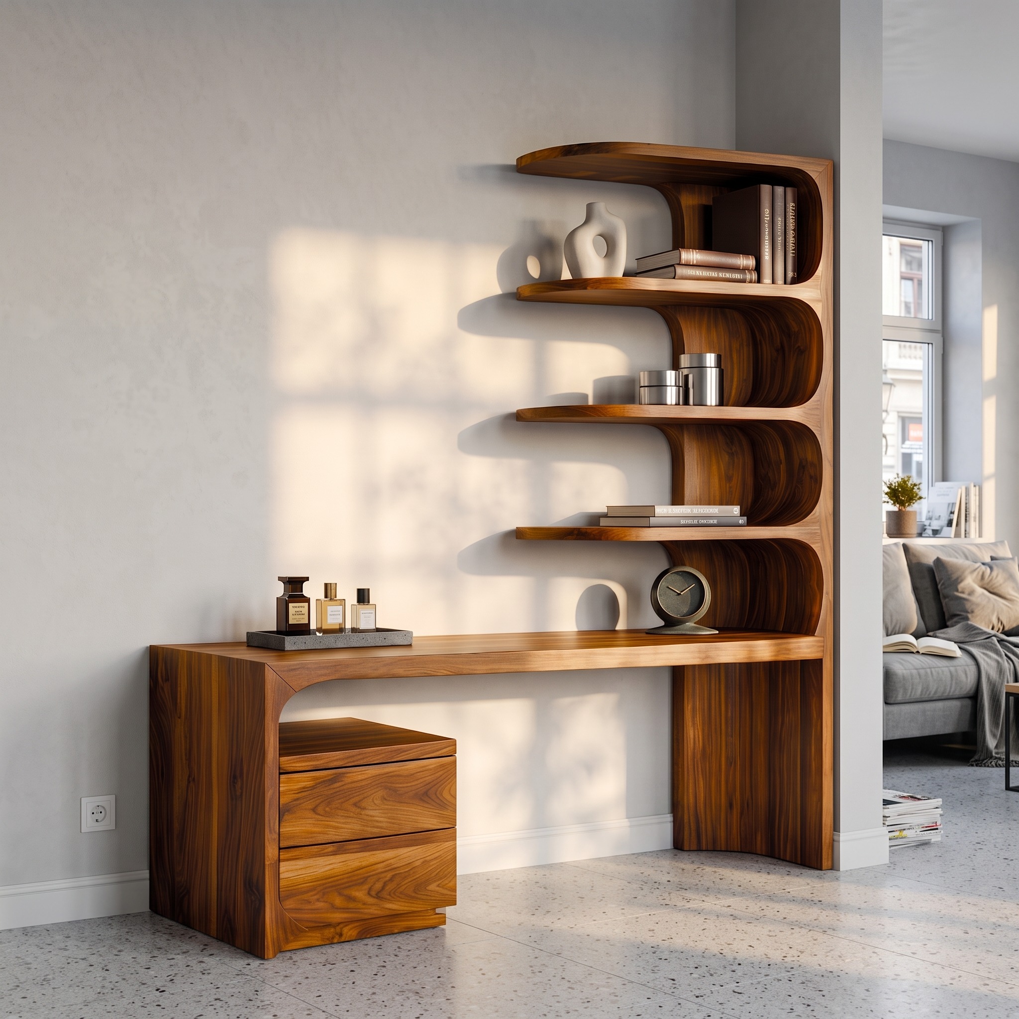 Scandinavian Writing Desk with Integrated Storage Hutch for Bedroom and Workspace