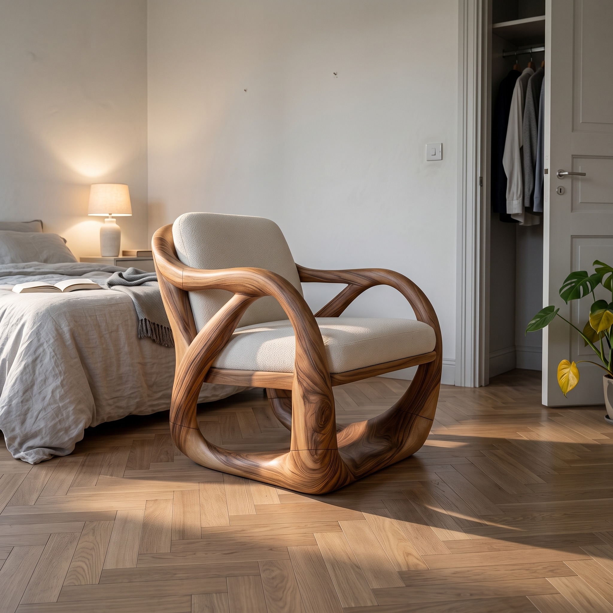 Sculpted Walnut Lounge Chair in a Grand Luxury Living Space