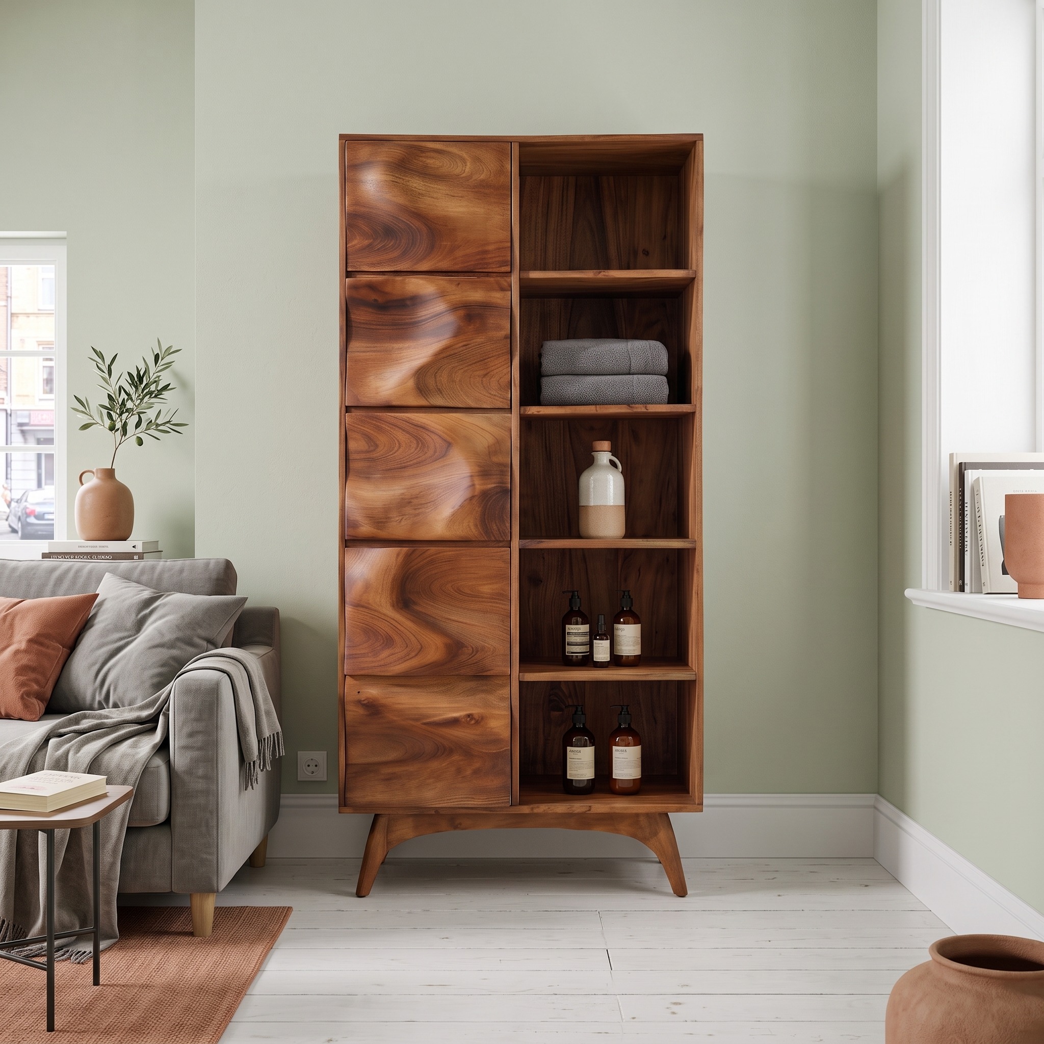 Sculpted Wood Bathroom Cabinet with Wavy Doors for Spa Decor