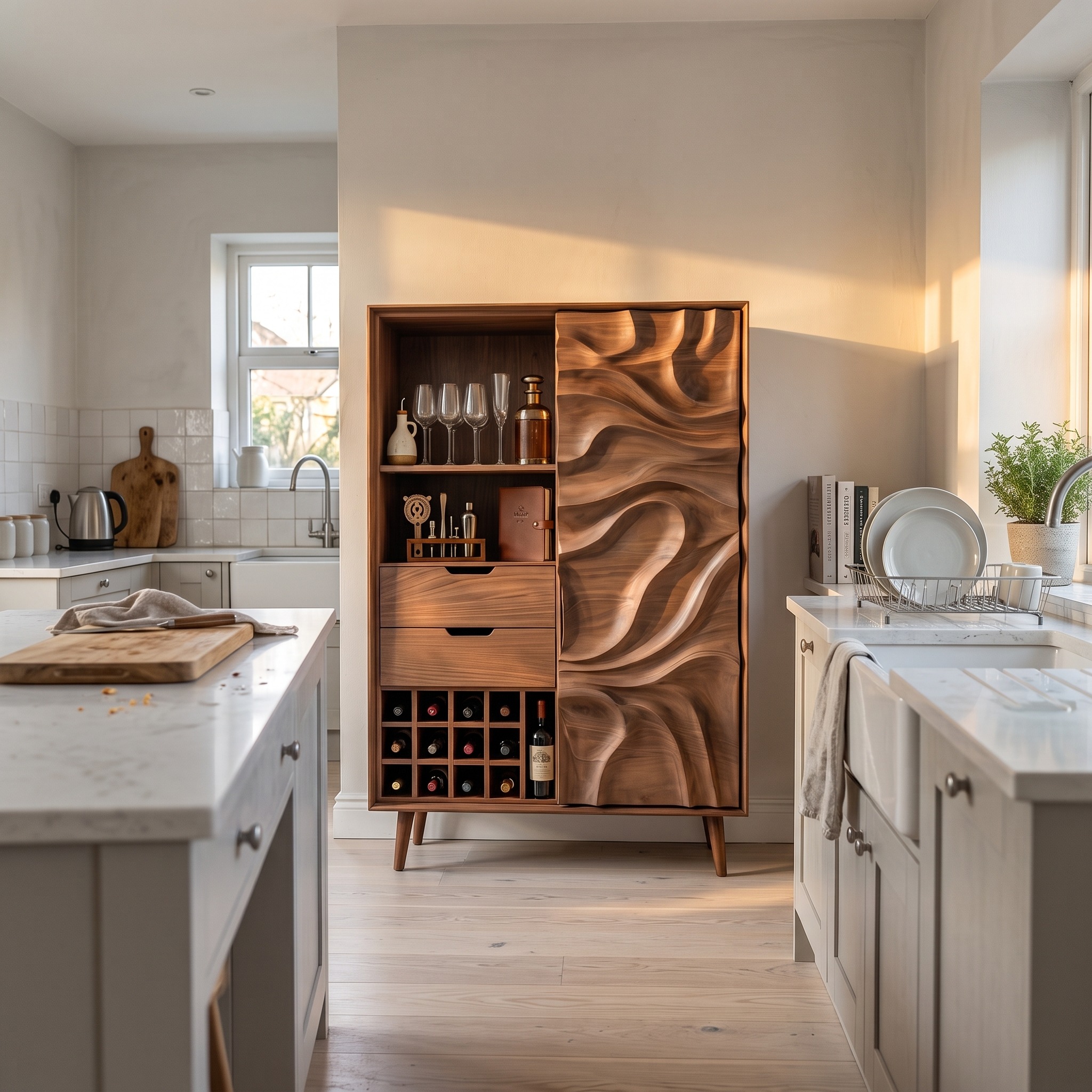 Sculptural Bar Cabinet with Wave Carved Doors for Kitchen