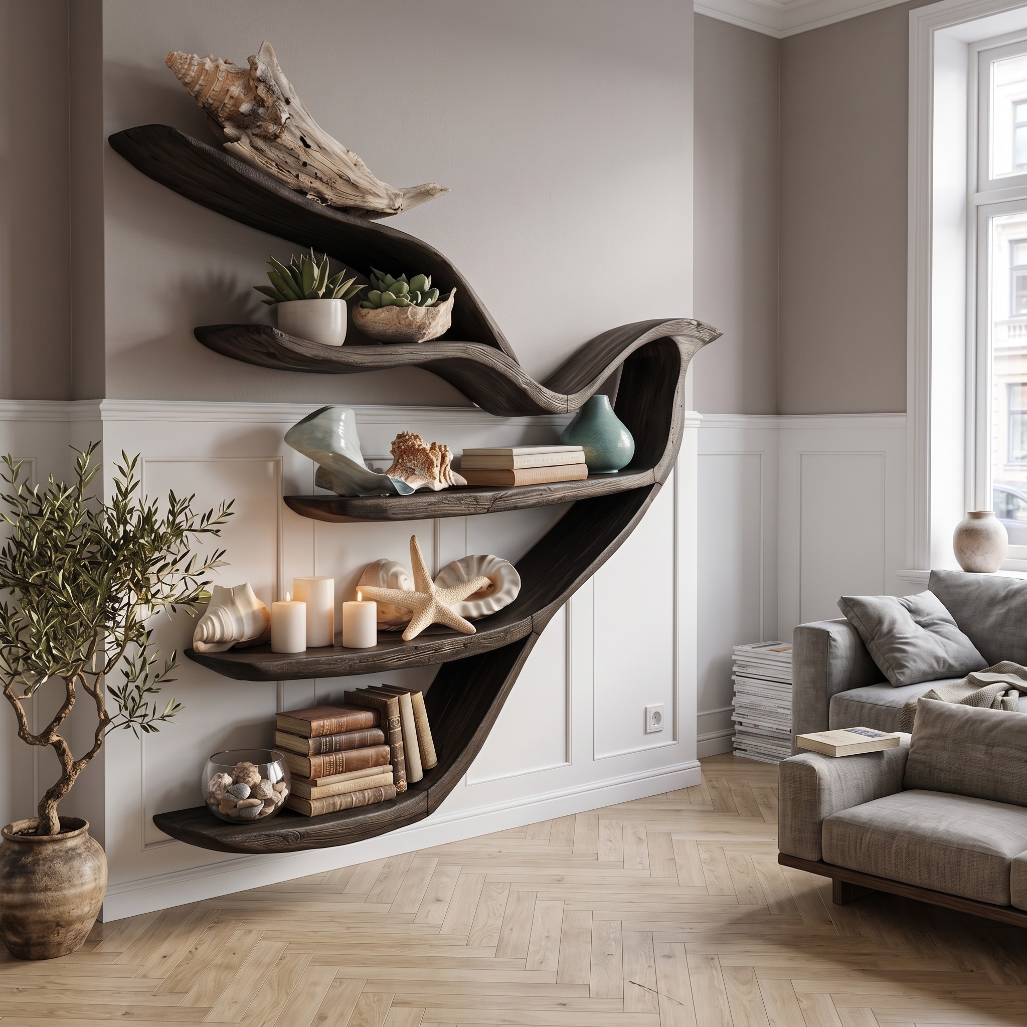 Sculptural Bookcase with Organic Open Shelving for Living Room Decor