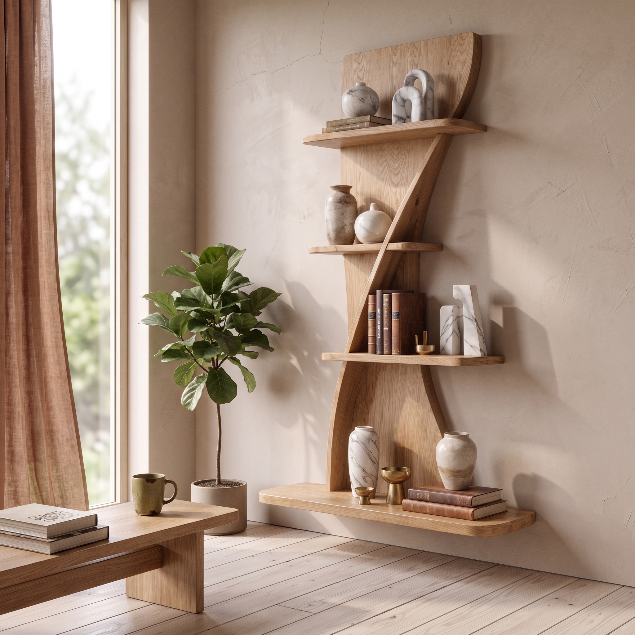 Sculptural Bookshelf Handcrafted Curved Wood Shelves for Home Office