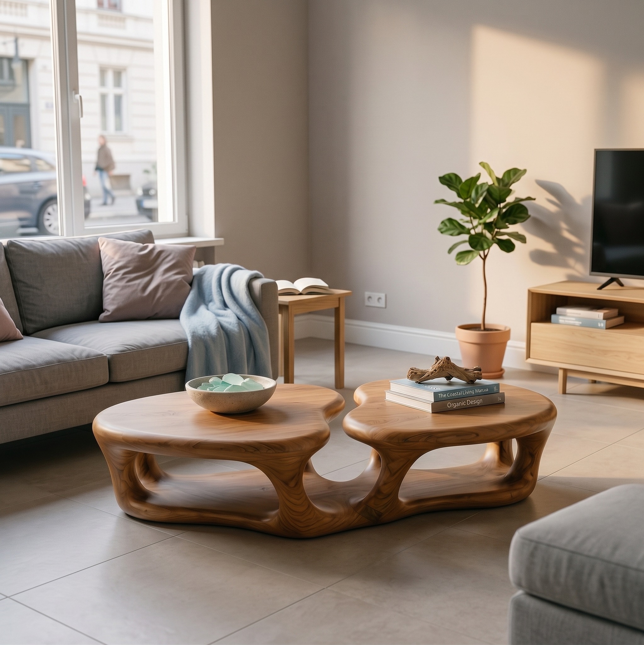 Sculptural Coffee Table with Open Wood Structure for Living Room Decor