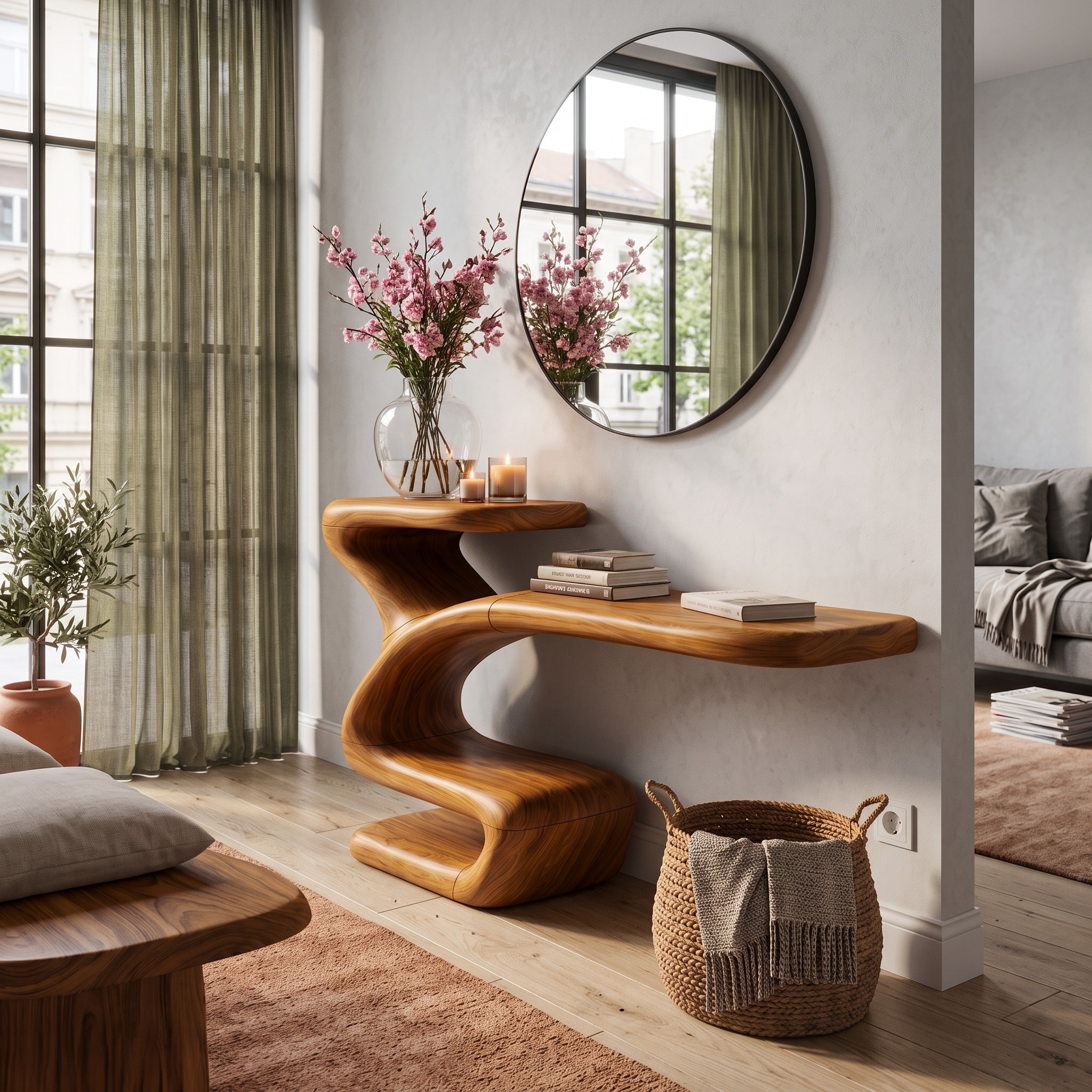 Sculptural Console Table Asymmetrical Hollow Base Design for Entryway