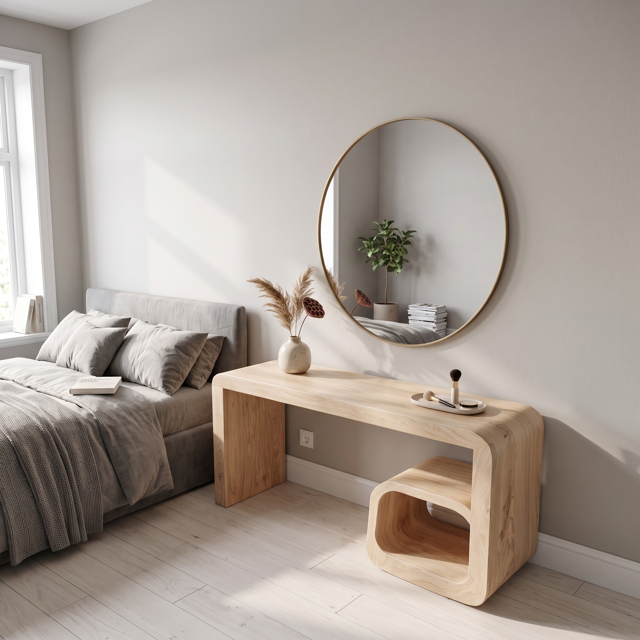 Sculptural Dressing Table with Curved Wood Silhouette for Bedroom Decor
