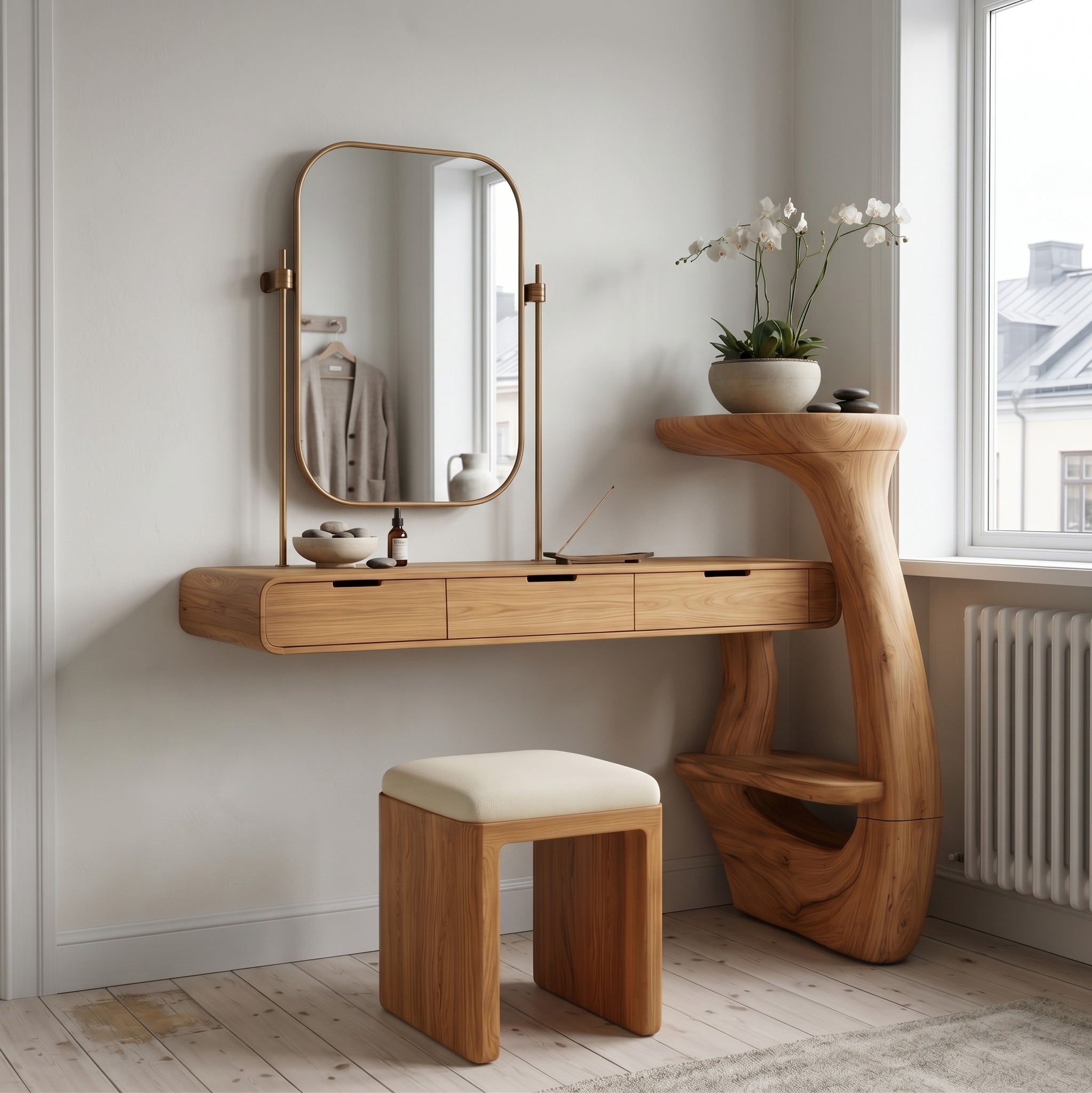 Sculptural Dressing Table with Handcrafted Wood Structure for Bedroom