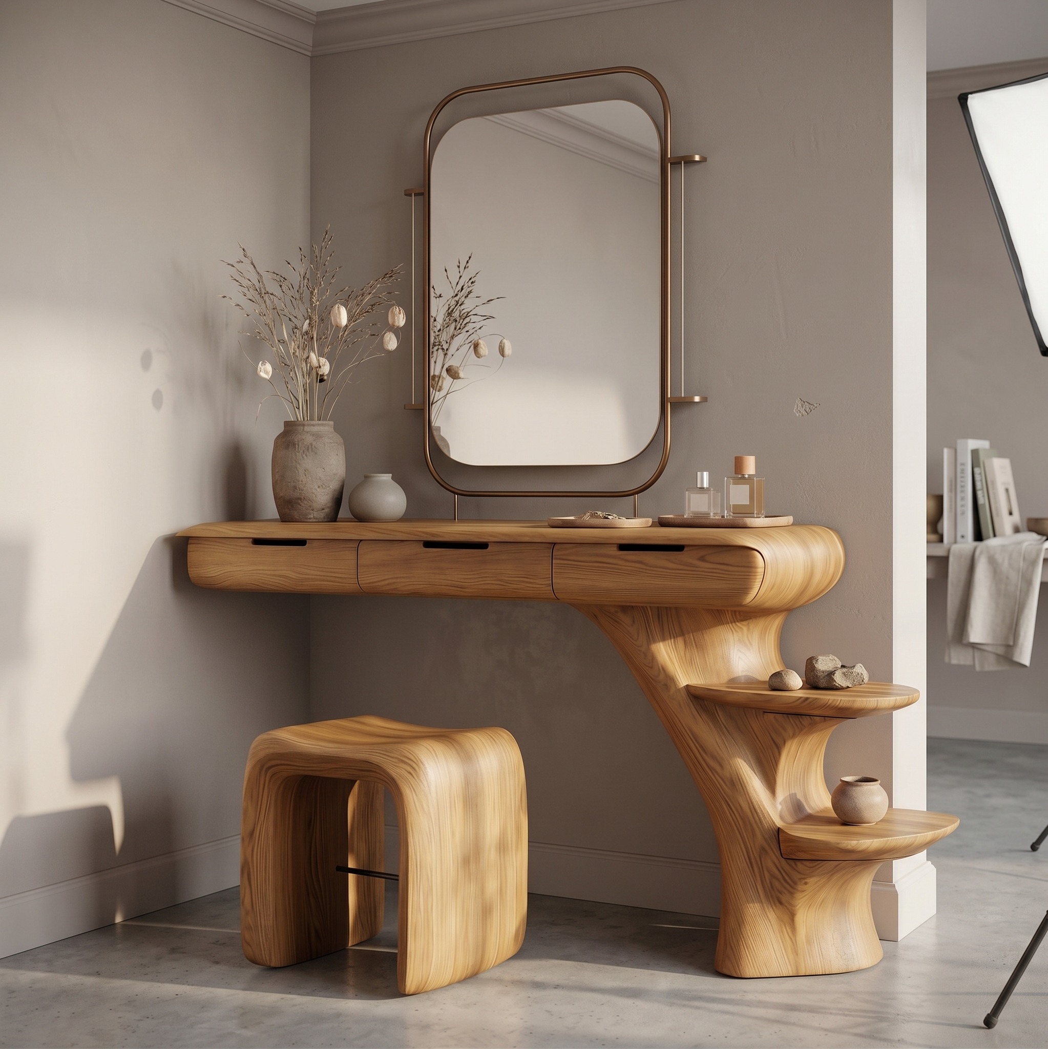 Sculptural Dressing Table with Open Storage Shelves for Bedroom