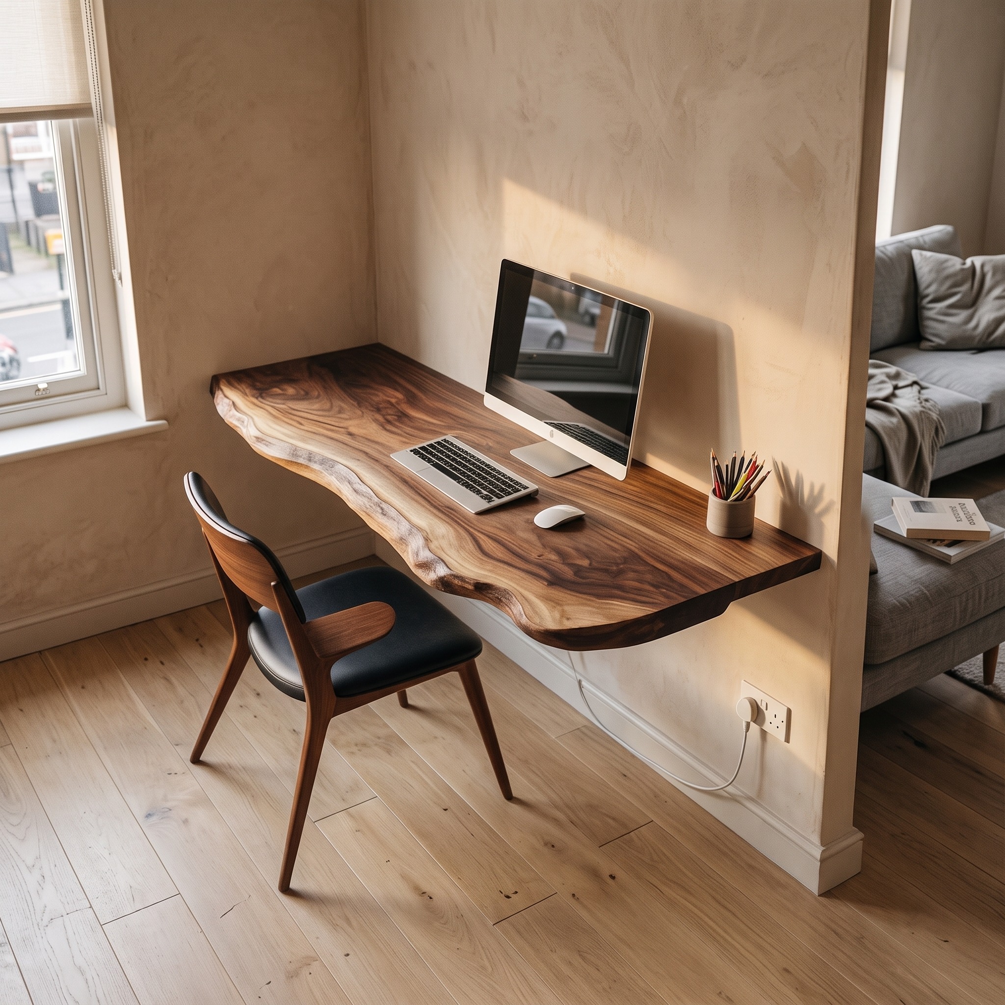 Sculptural Floating Work Desk Solid Wood Study Room Interior Statement Design