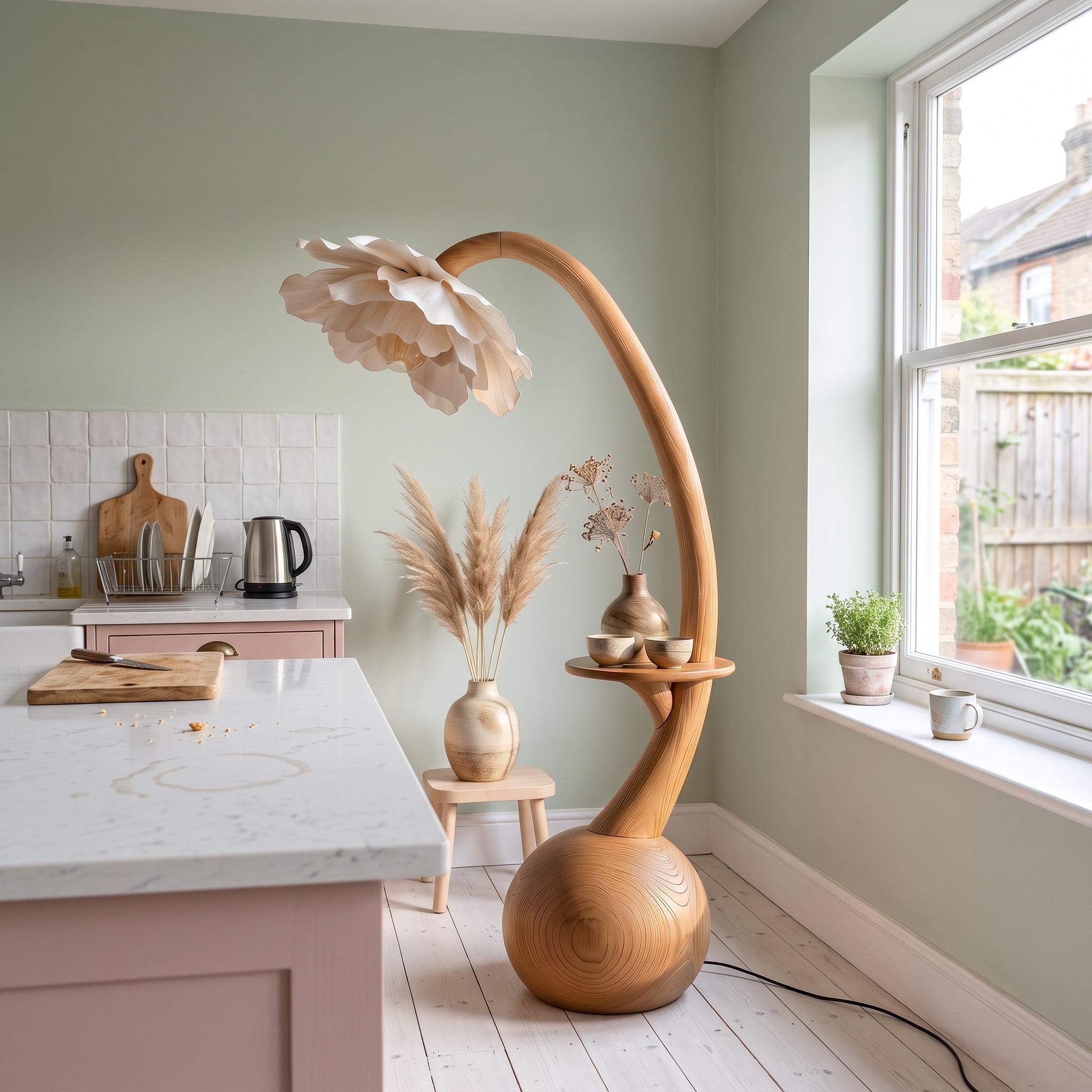 Sculptural Floor Lamp with Built in Shelf and Floral Shade for Living Room