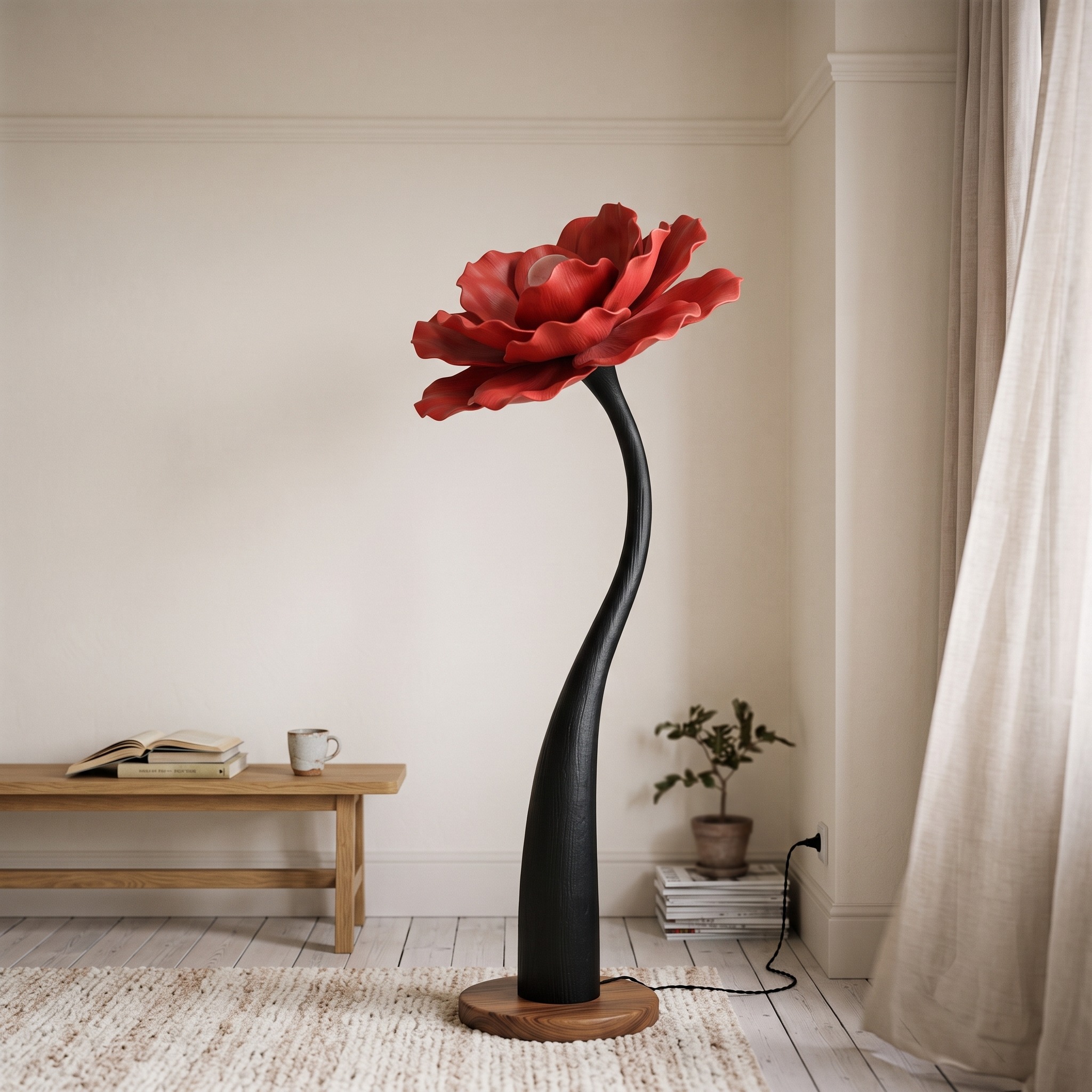 Sculptural Floor Lamp with Curved Stem and Floral Shade for Living Room