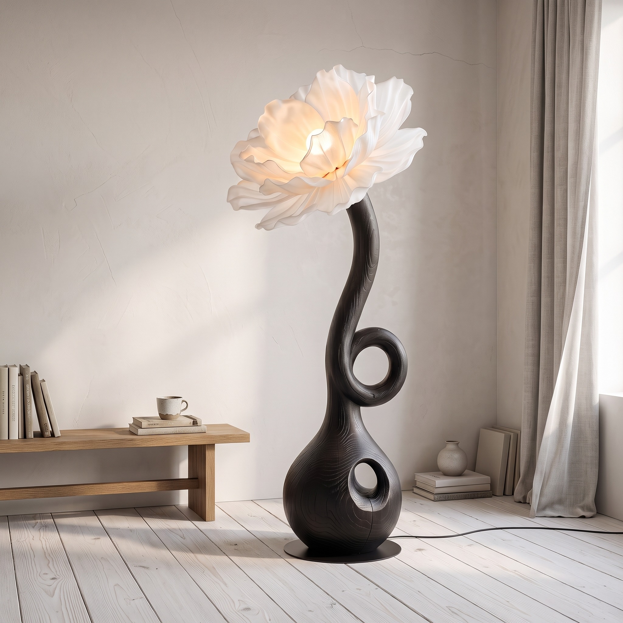 Sculptural Floor Lamp with Floral Accent Design for Bedroom and Reading Room