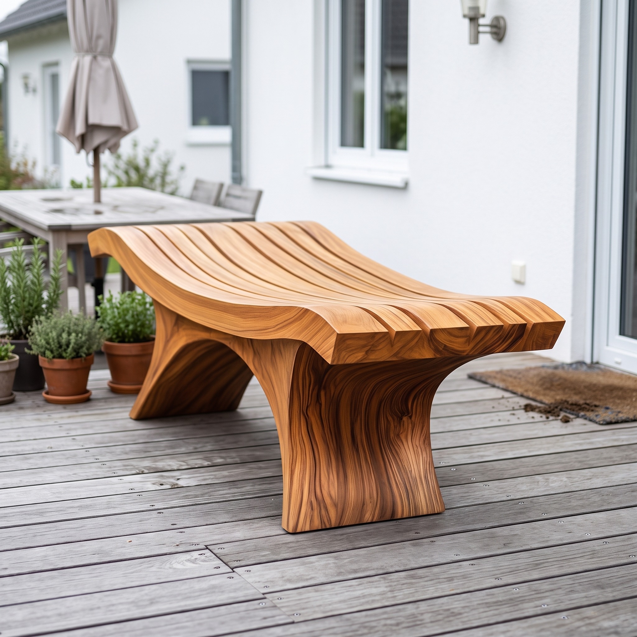 Sculptural Modern Outdoor Wood Bench Garden Patio