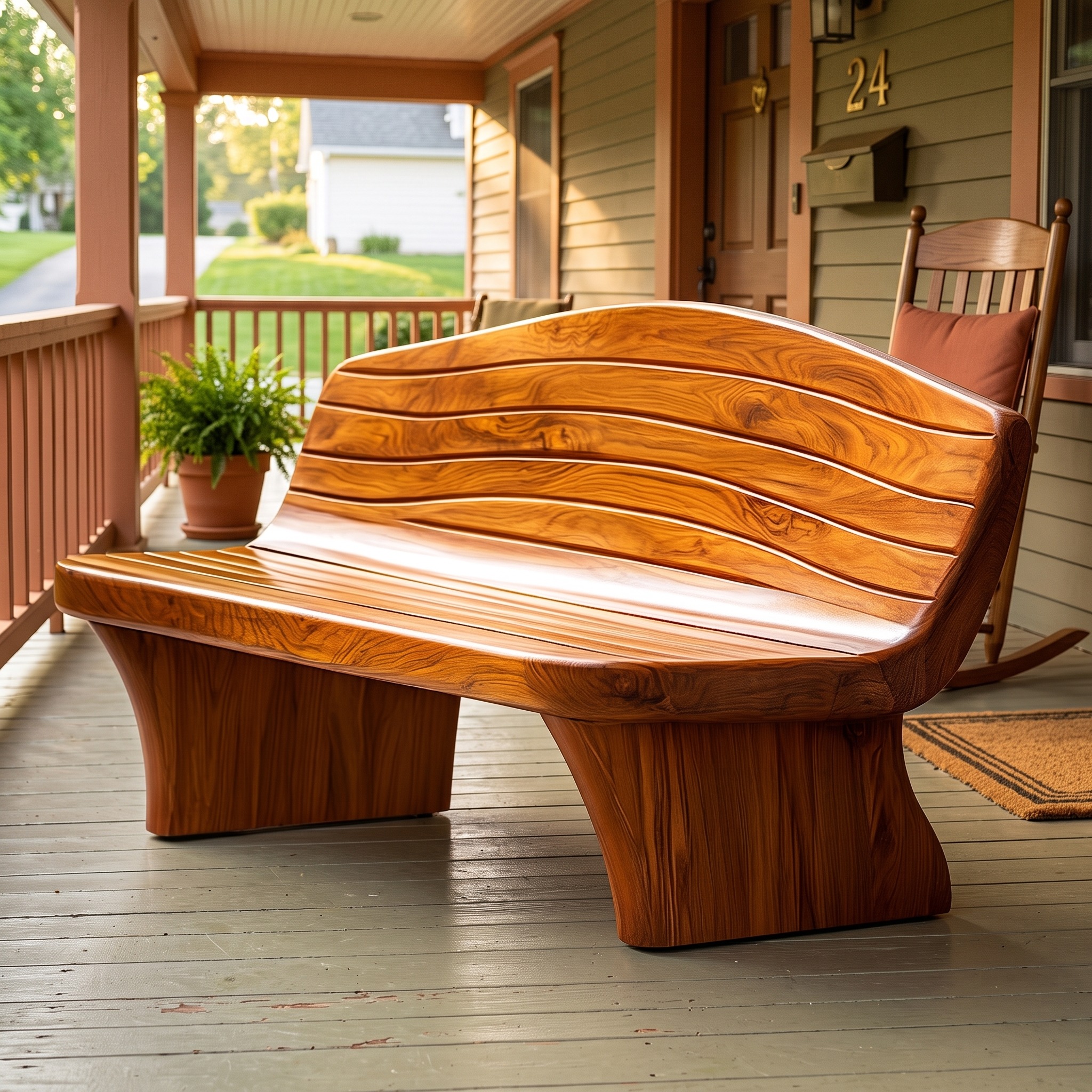 Sculptural Modern Wood Bench Outdoor Garden or Entryway