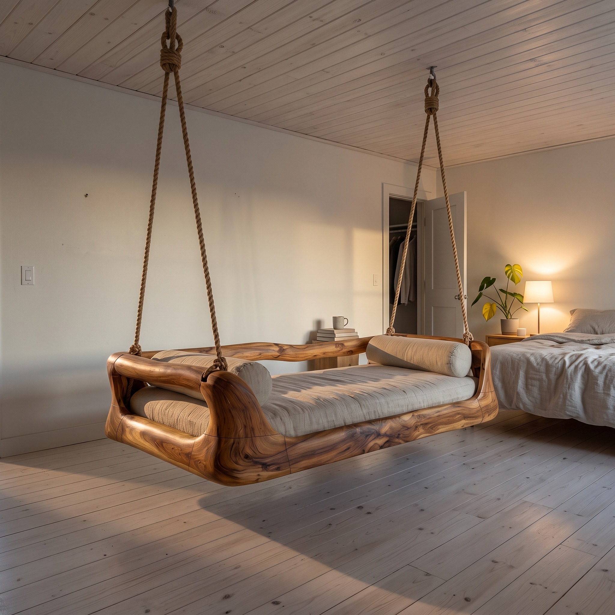 Sculptural Organic Wood Hanging Daybed Swing Penthouse Balcony