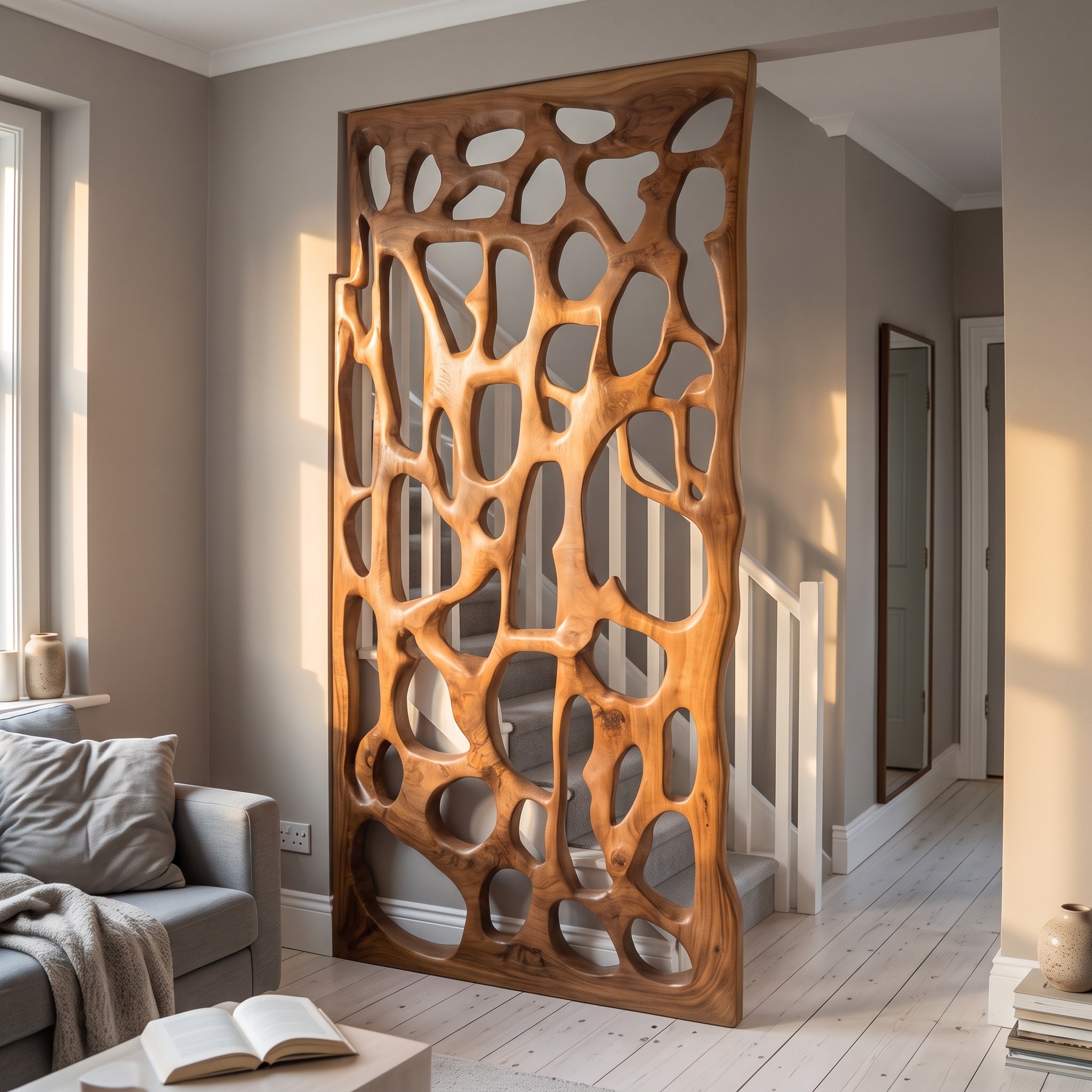 Sculptural Room Divider Organic Panel Living Room, Wooden Slat Room Divider