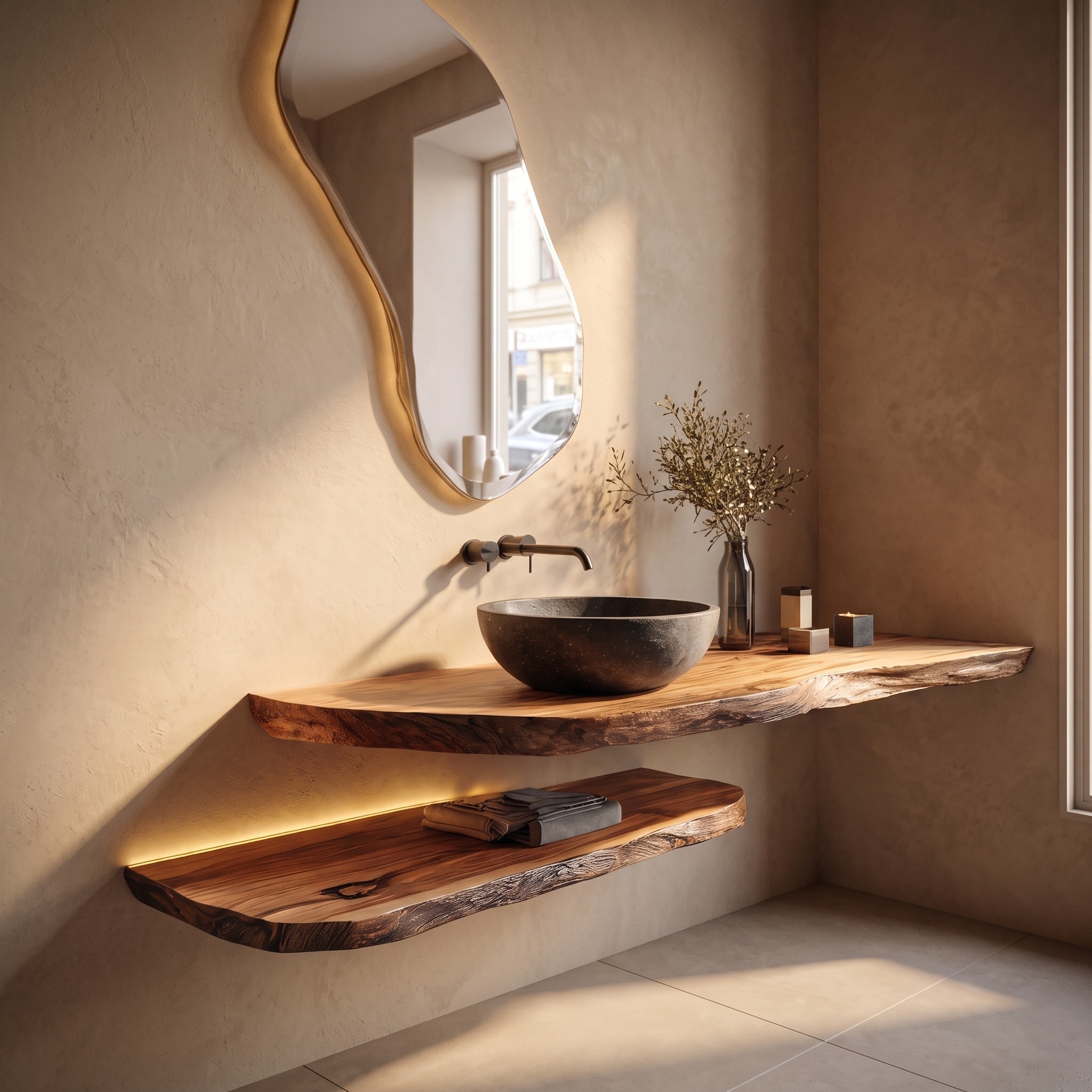 Sculptural Rustic Bathroom Vanity Live Edge Wood Floating Console