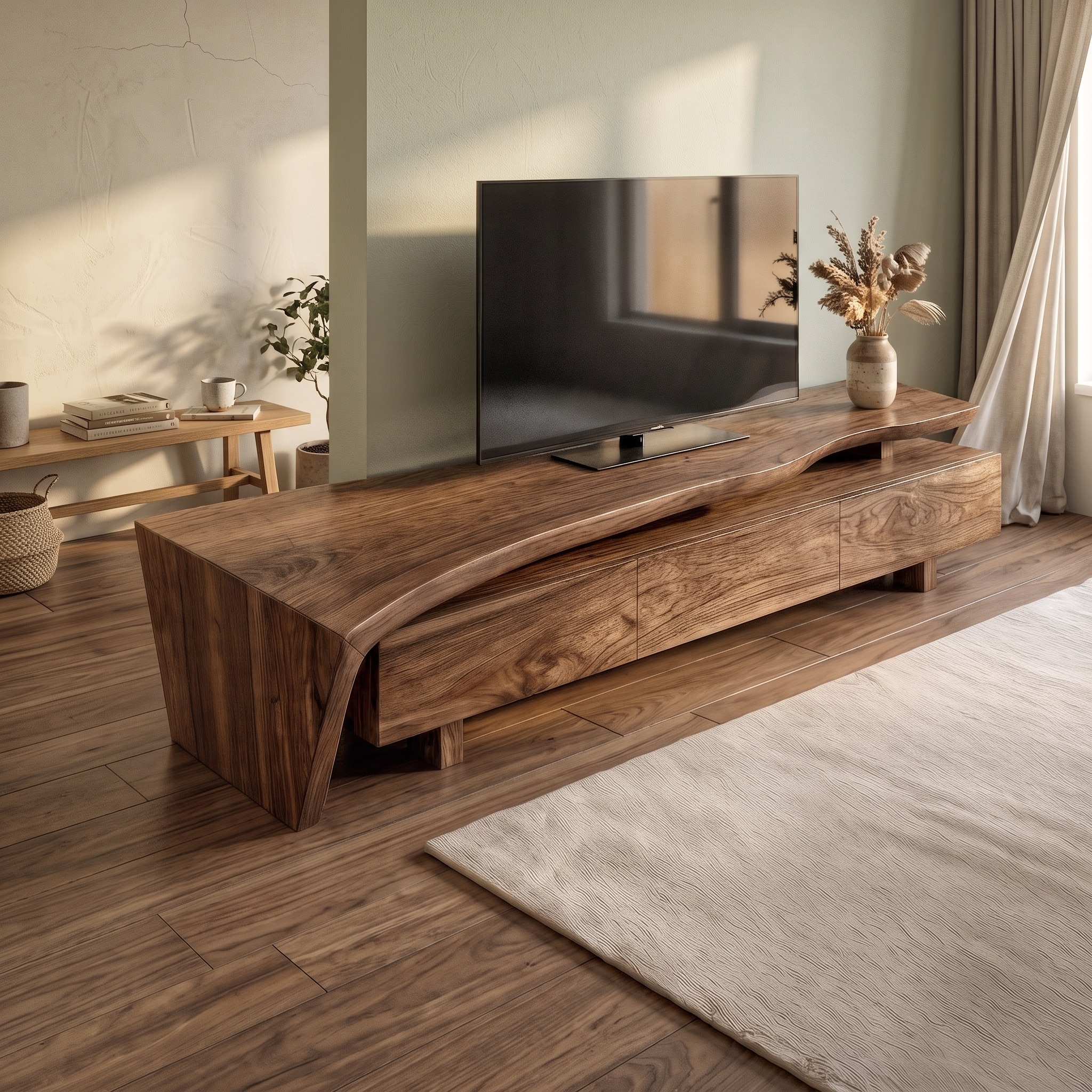 Sculptural Rustic TV Cabinet Solid Wood Living Room