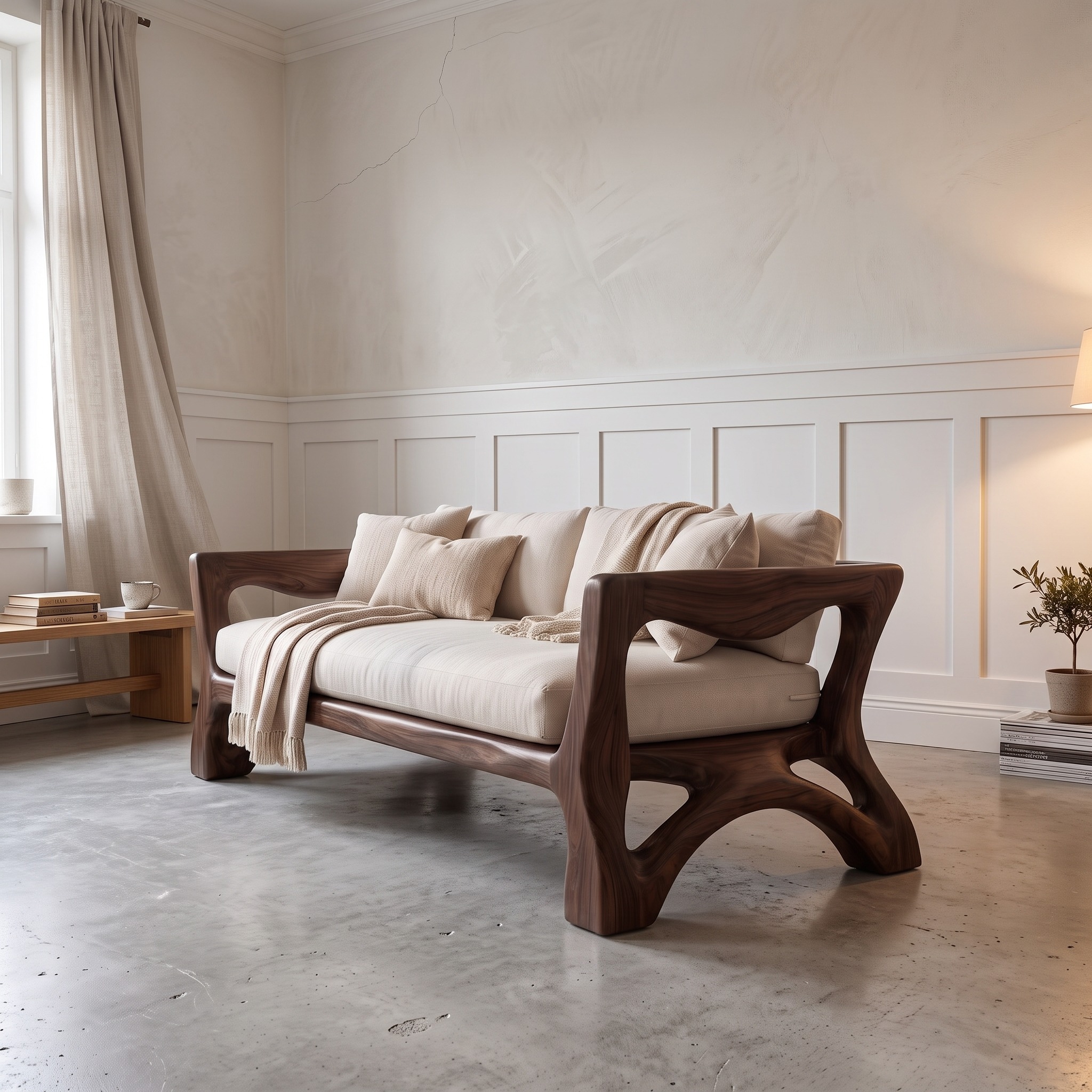 Sculptural Sofa Frame with Solid Wood Armrests for Living Room