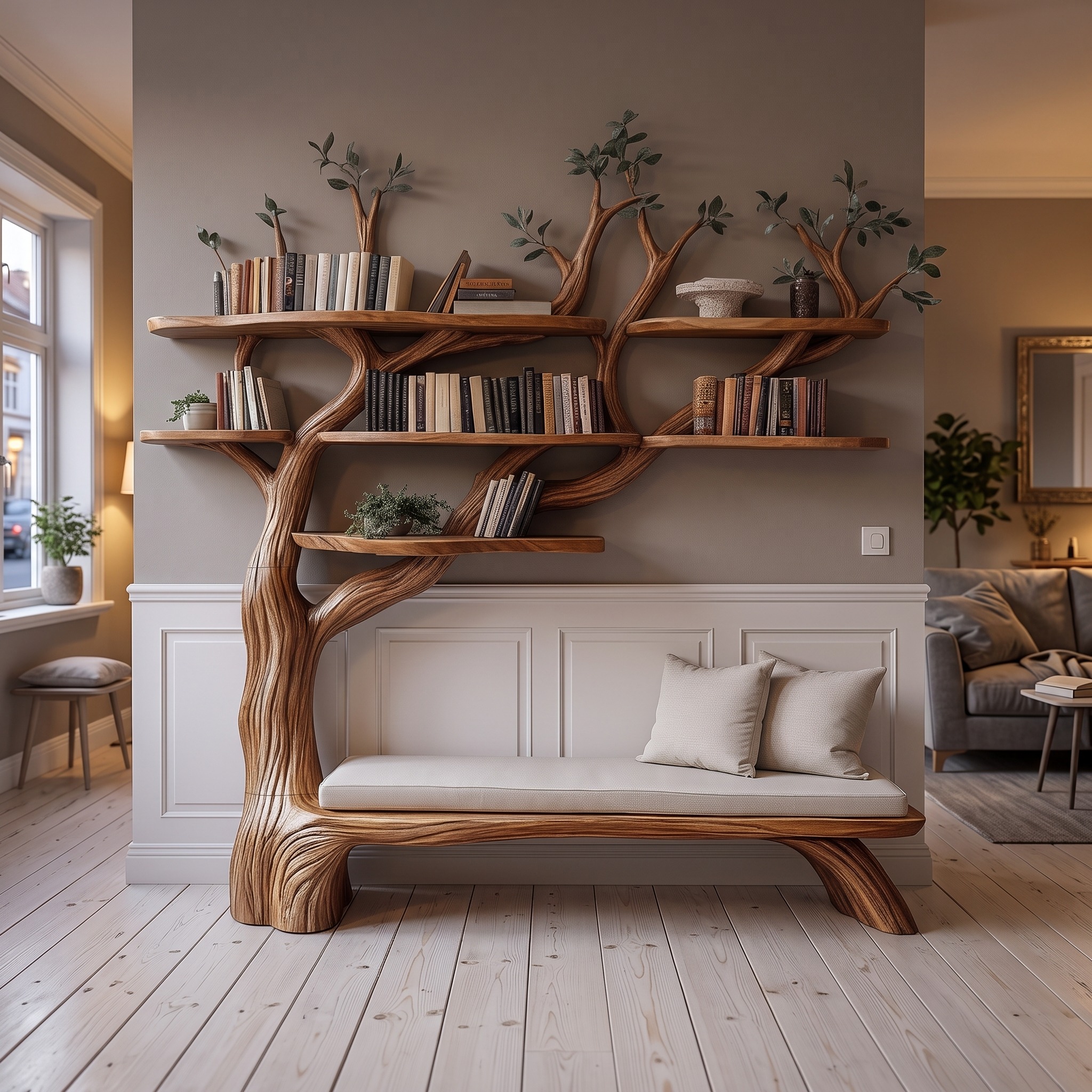 Sculptural Tree Bookshelf Bench Living Room Interior Integrated Display