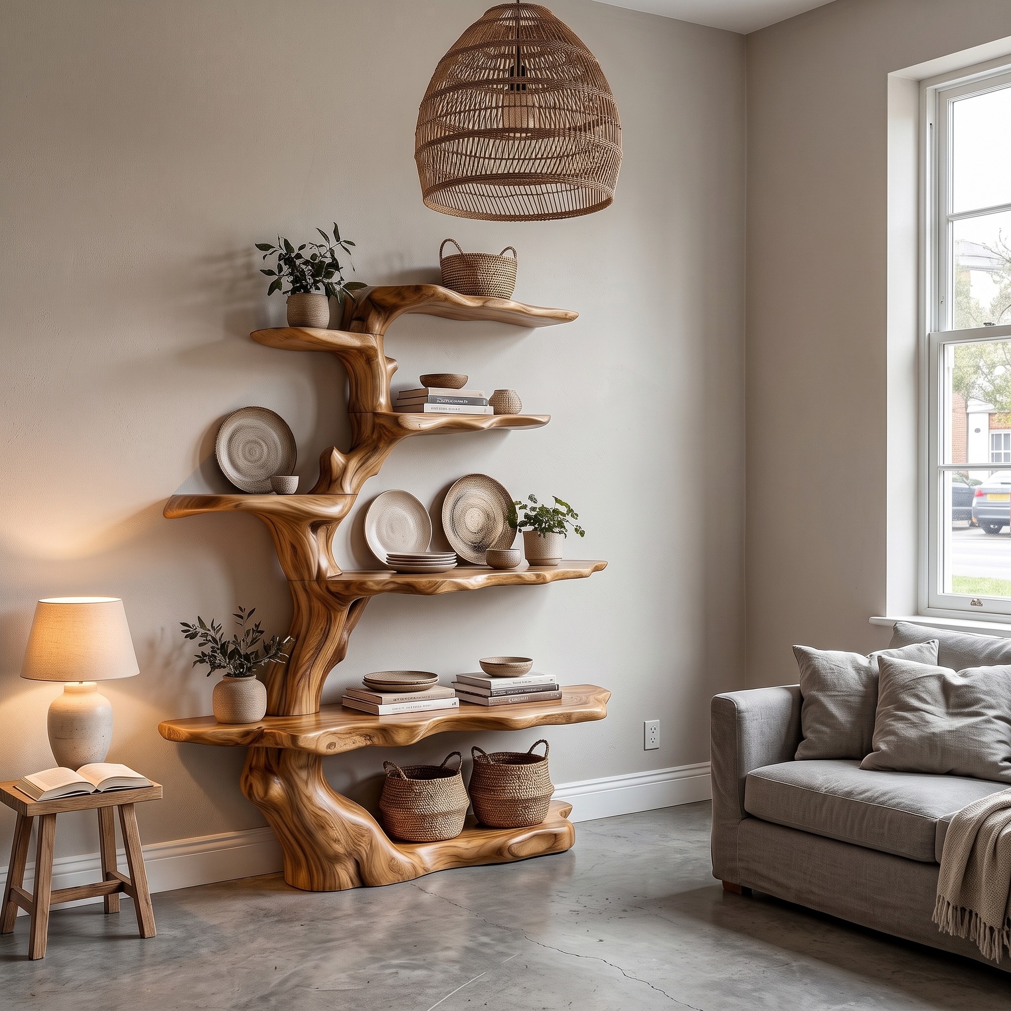 Sculptural Tree Bookshelf Natural Wood Storage for Reading Nook