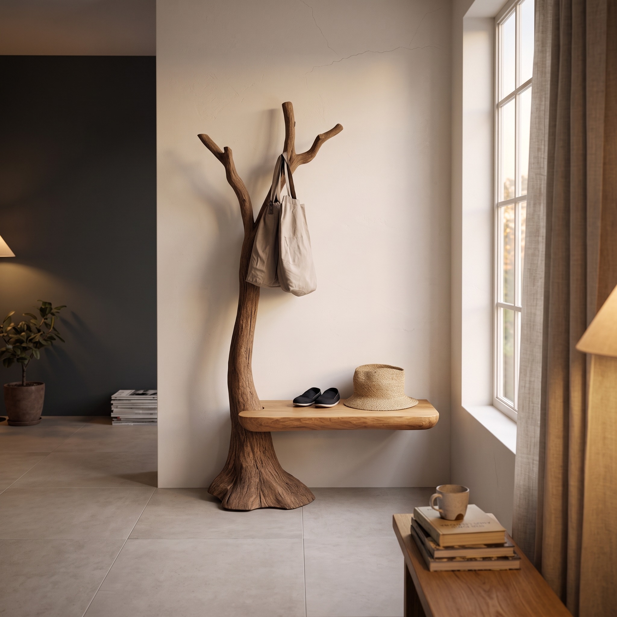 Sculptural Tree Coat Rack Bench Solid Wood Entryway Interior Minimal Storage
