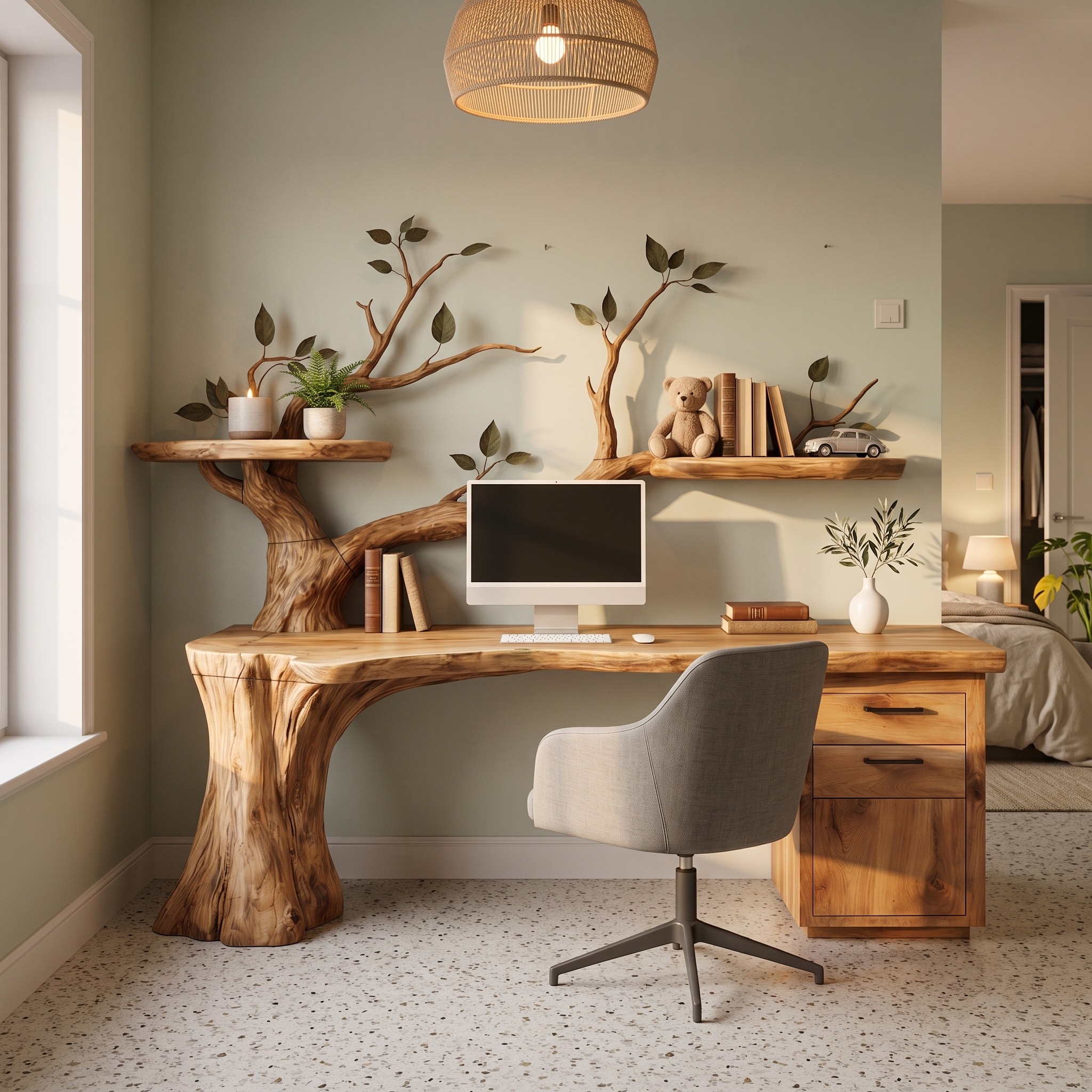 Sculptural Tree Desk with Floating Shelf Natural Branch Design Home Office and Workspace