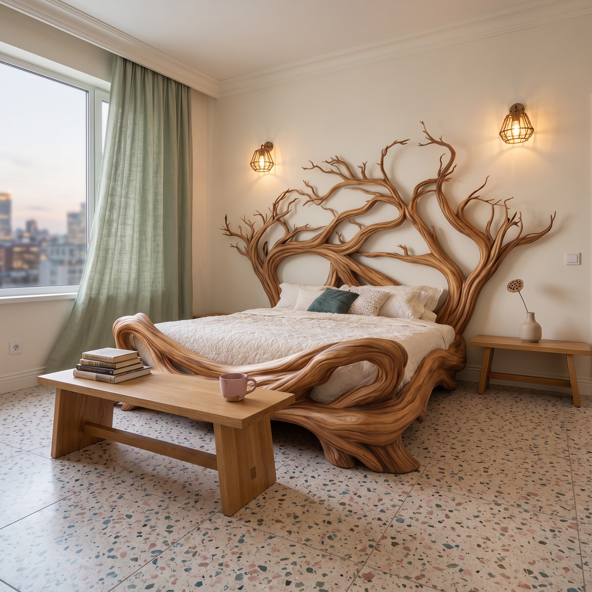 Sculptural Tree Inspired Wooden Shelf Organic Branch Design for Bedroom Interior