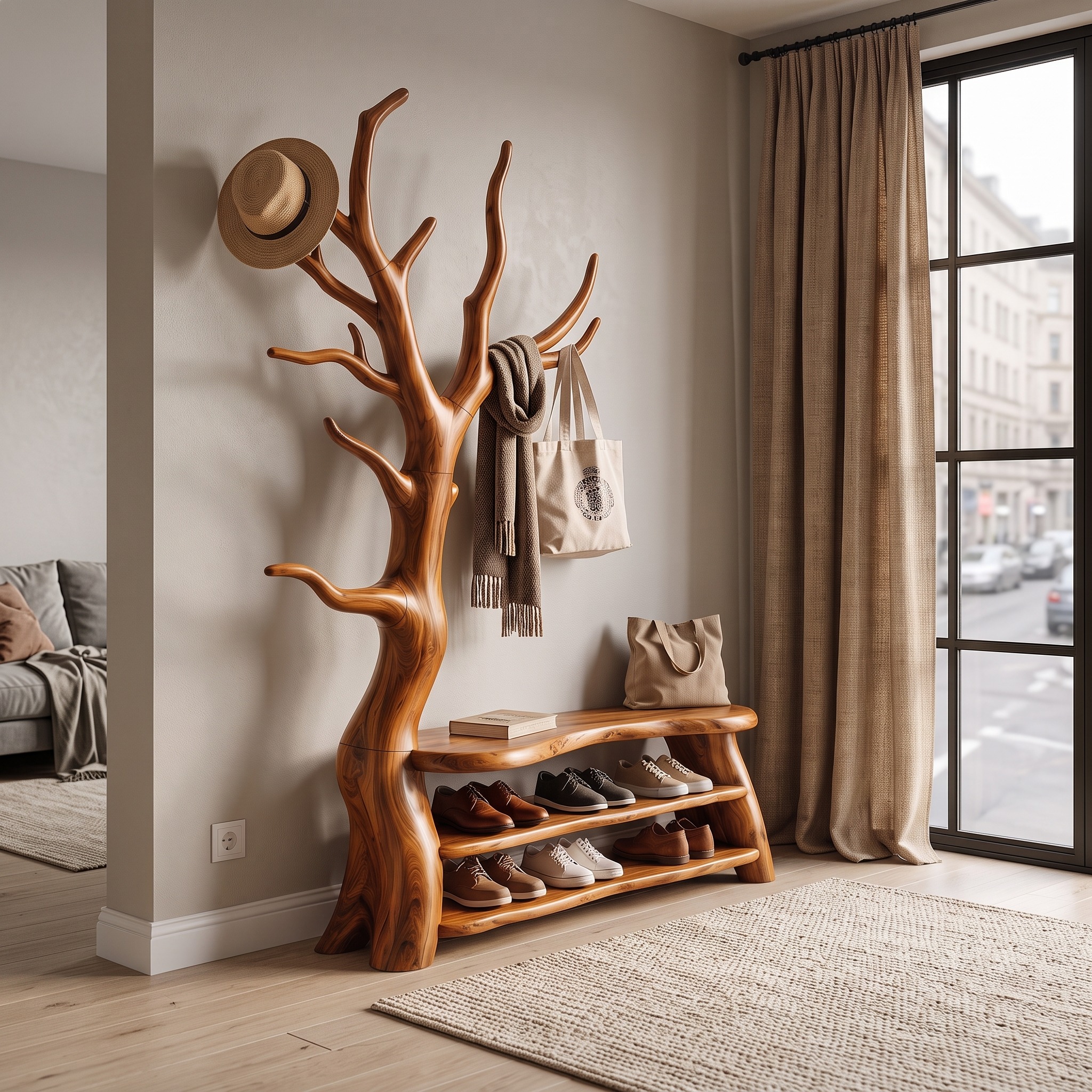 Sculptural Tree Shoe Bench Coat Rack Storage for Entryway Hallway